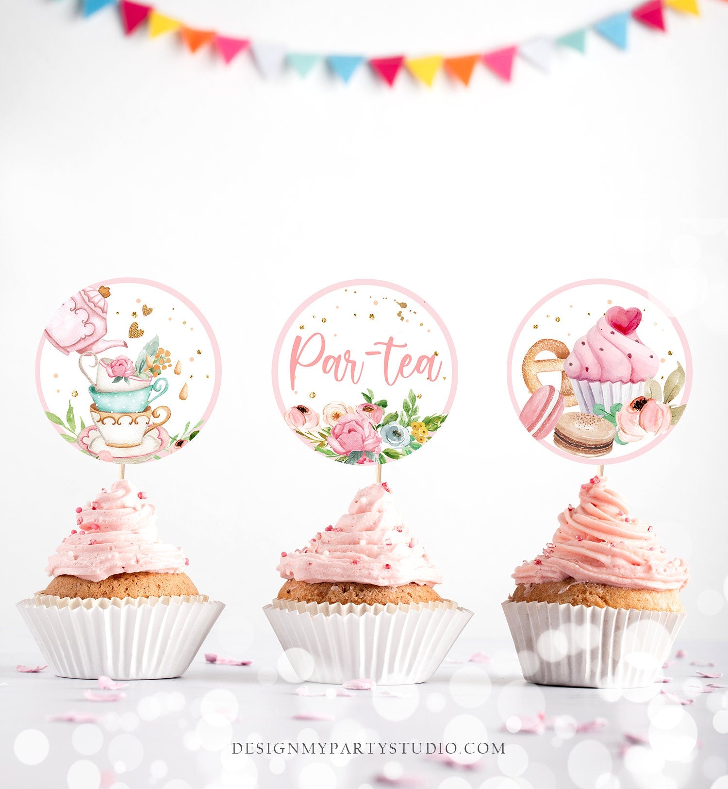 Tea Party Cupcake Toppers Tea Birthday Cupcake Toppers Favor Tag Girl Tea For Two Whimsical Floral Pink Gold Download Digital PRINTABLE 0349