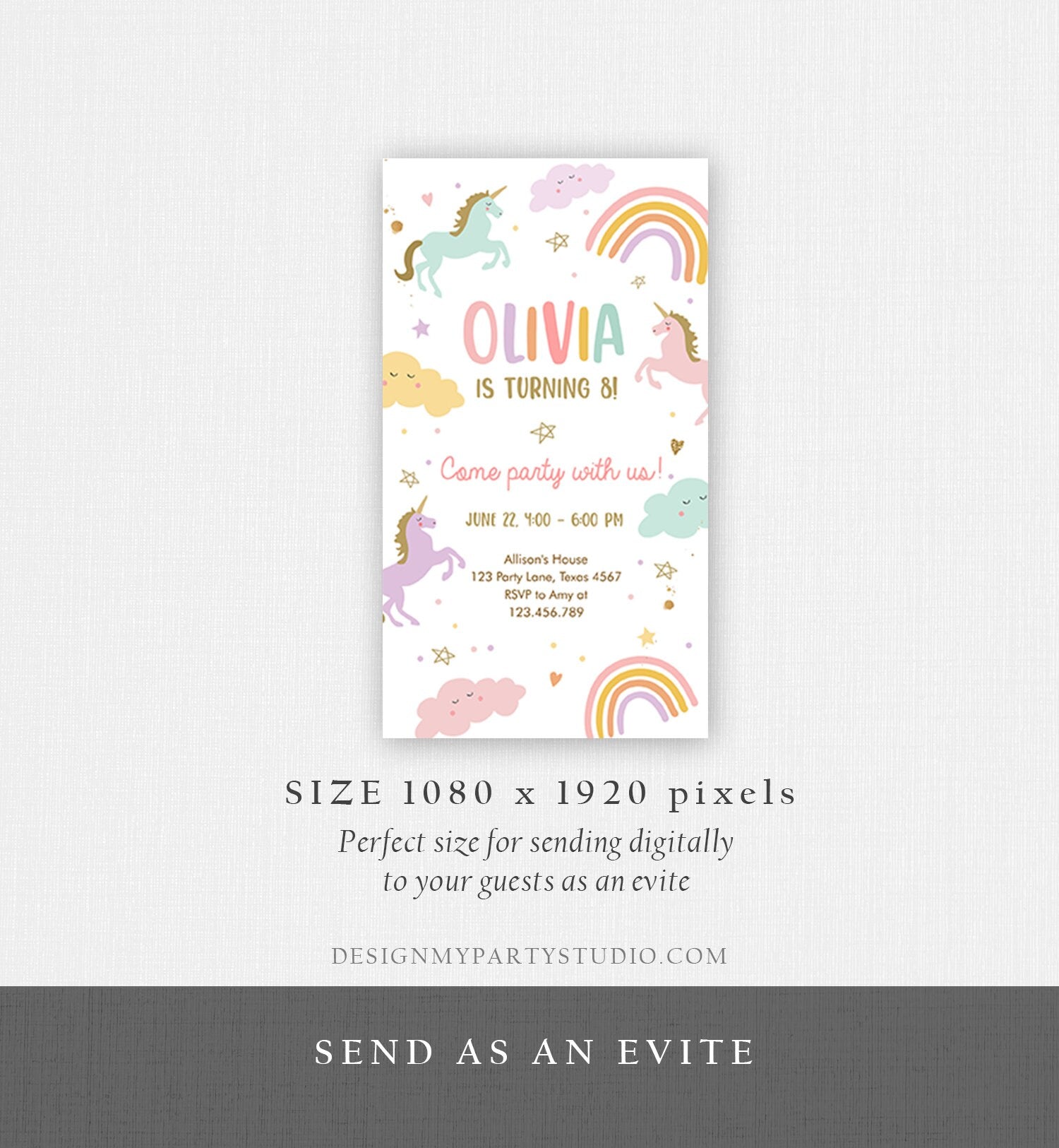 Editable Unicorn Birthday Evite Magical Party Invite Girl Pastel First Digital Unicorn Party Template Rainbow Phone Digital Electronic 0426