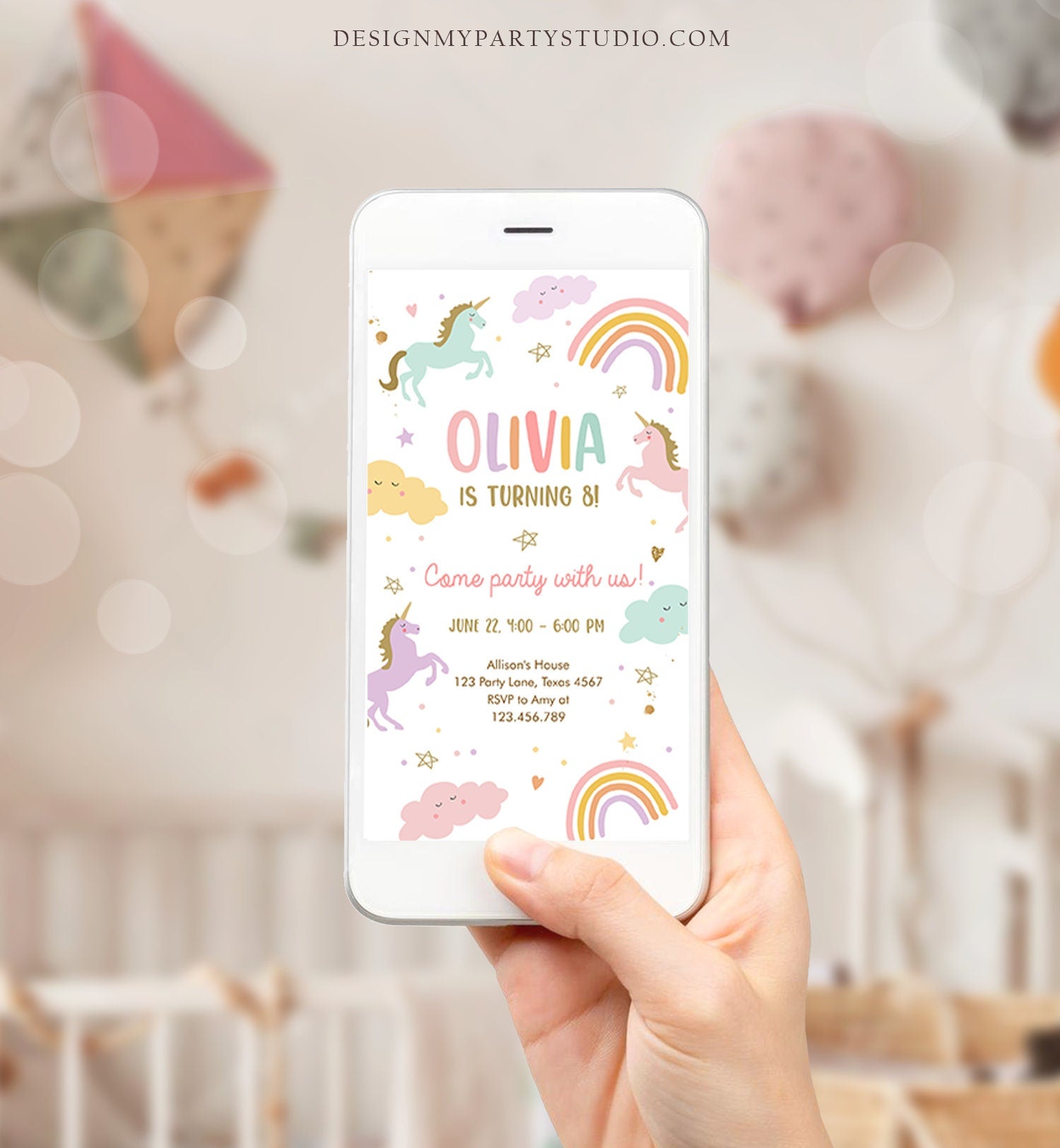 Editable Unicorn Birthday Evite Magical Party Invite Girl Pastel First Digital Unicorn Party Template Rainbow Phone Digital Electronic 0426