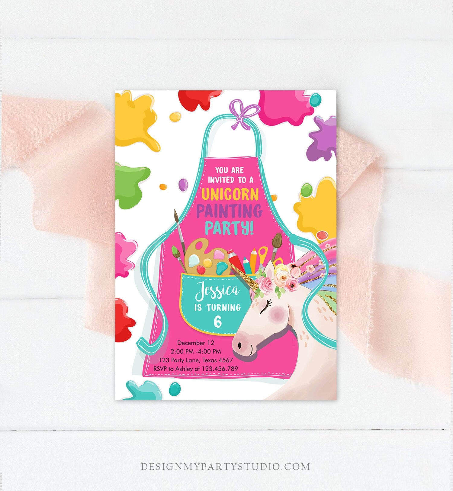 Editable Unicorn Painting Party Invitation Art Party Birthday Invite Girl Paint Craft Party Download Printable Template Digital Corjl 0319