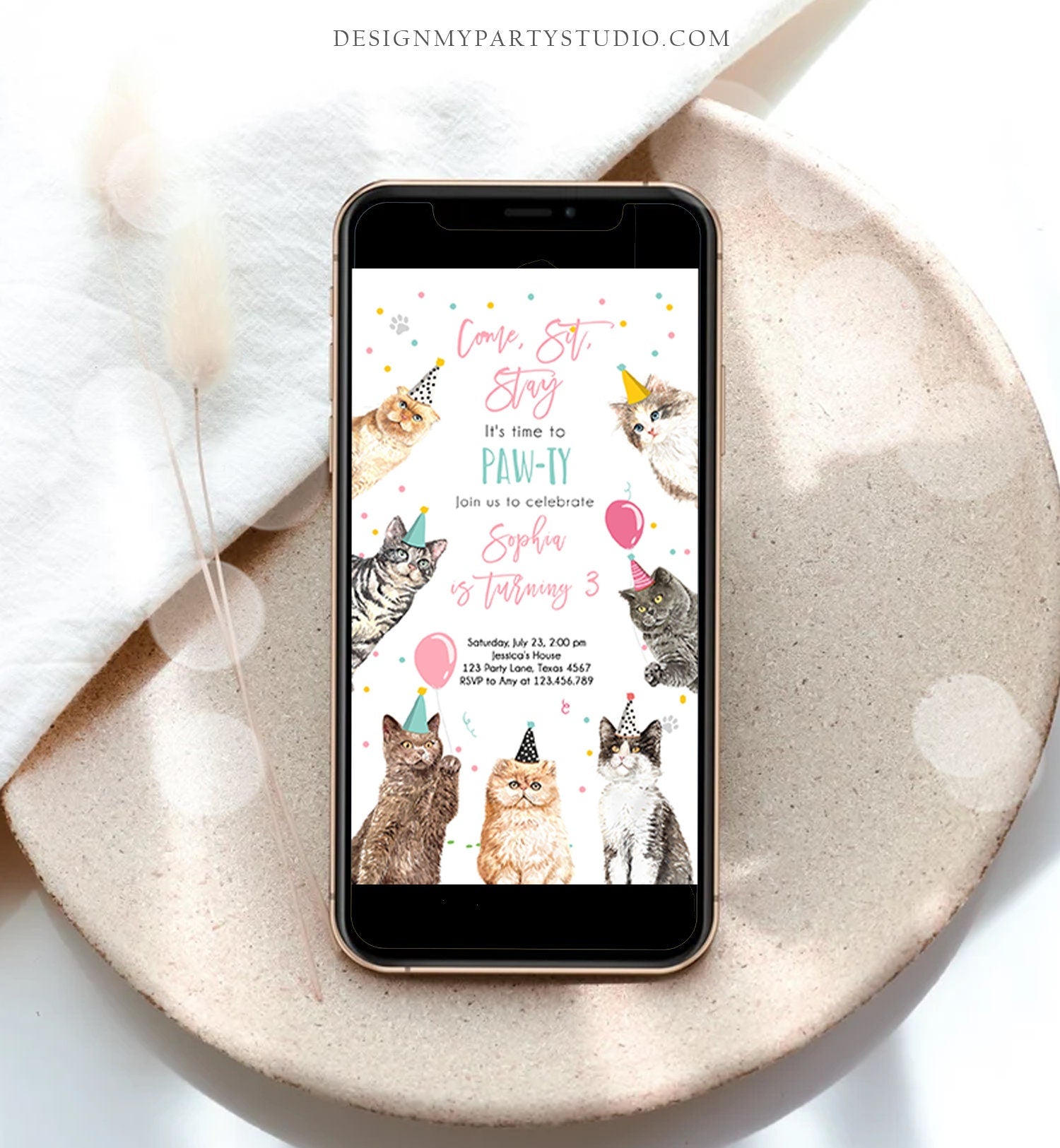 Editable Cat Birthday Party Evite Kitten Birthday Invitation Pink Girl Kitty Cat Invite Pet Download Template Phone Electronic Corjl 0384