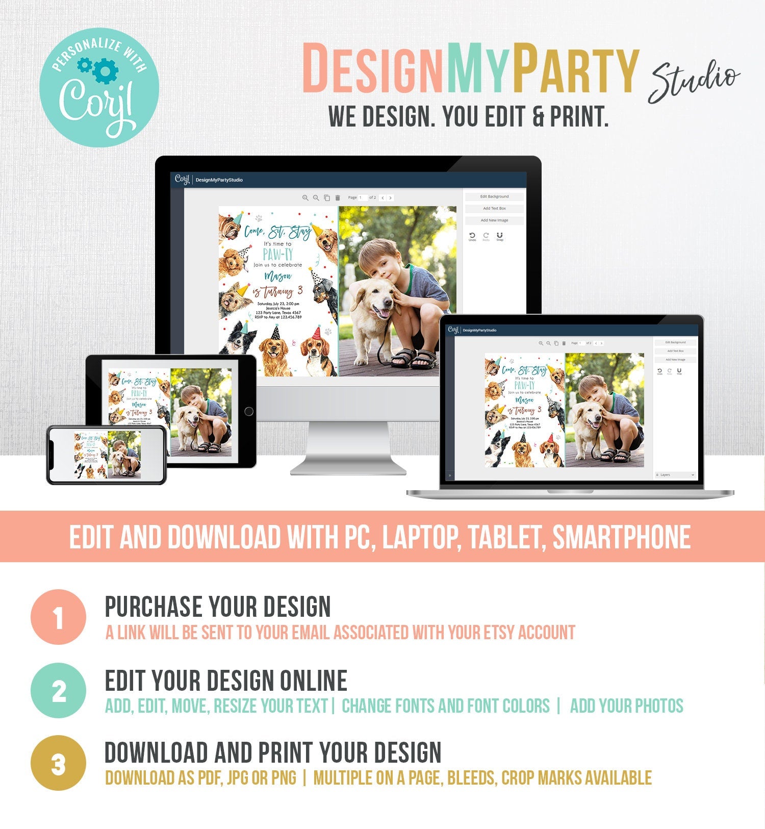 Editable Dog Birthday Party Invitation Puppy Birthday Invite Boys Blue Doggy Shelter Animal Pet Vet Digital Download Template Printable 0384