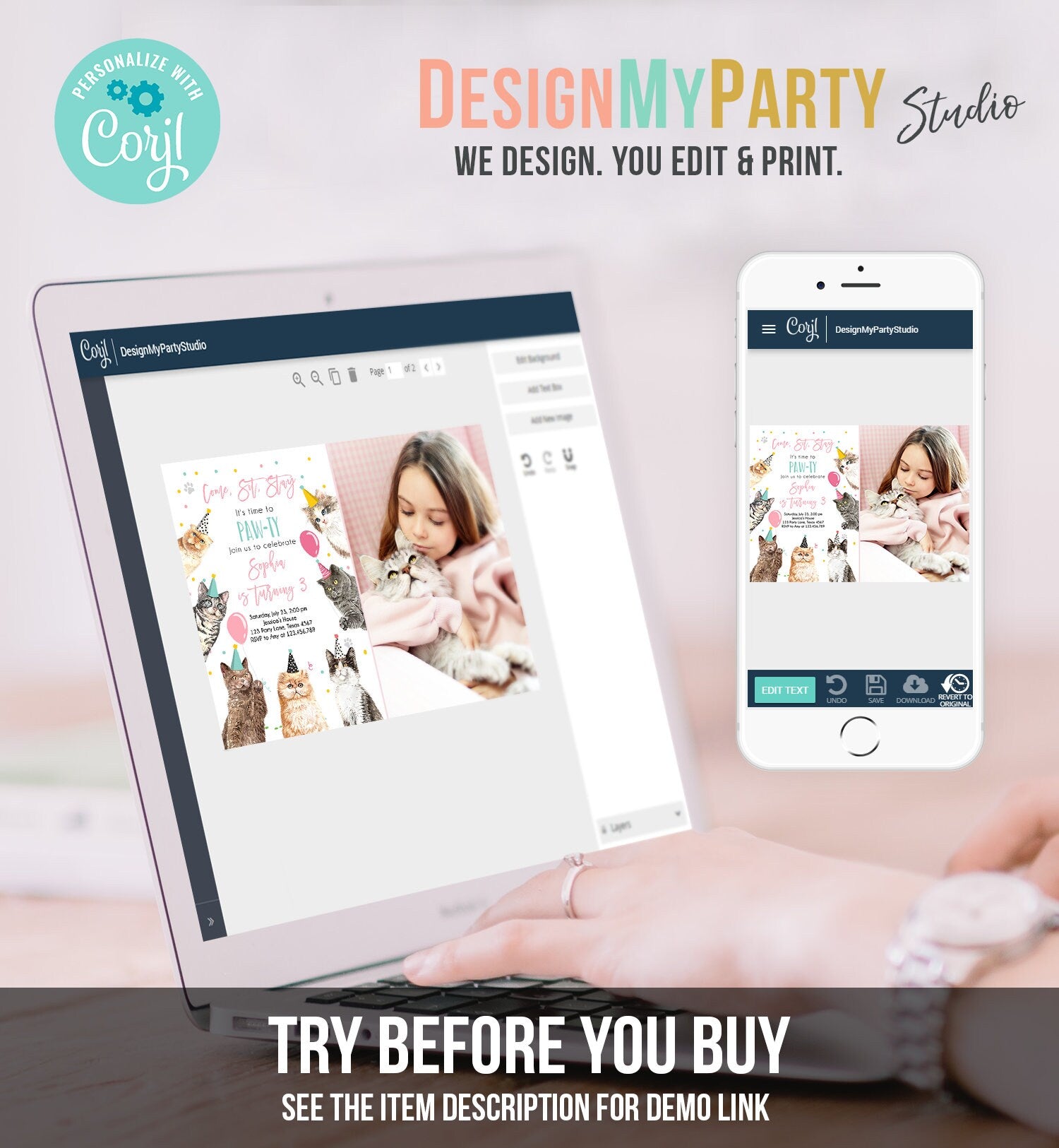 Editable Cat Birthday Party Invitation Kitten Birthday Invite Pink Girl Kitty Cat Invitation Pet Cute Download Printable Template Evite 0384