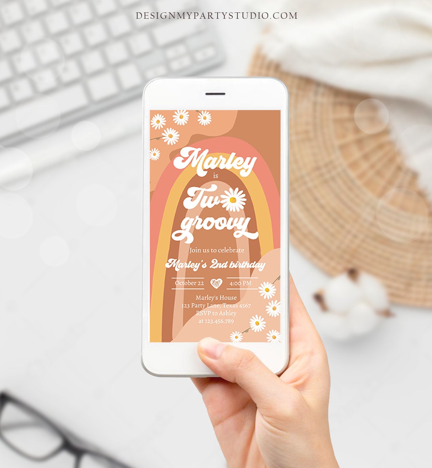 Editable Two Groovy Birthday Party Evite 2nd Birthday Boho Retro Flower Power 70's Daisy Download Electronic Template Corjl Digital 0428