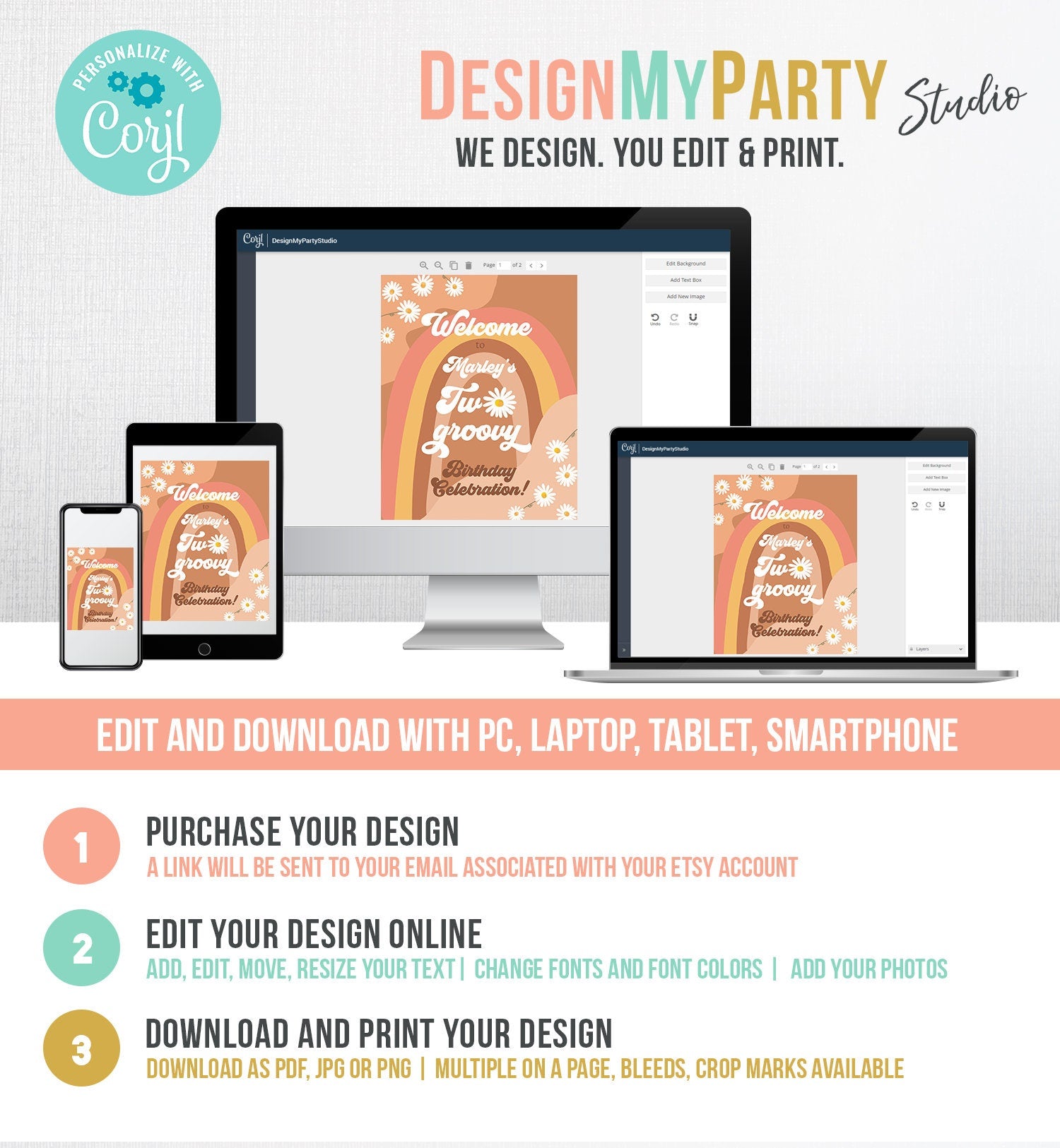 Editable Two Groovy Birthday Welcome Sign Floral Boho 2nd Birthday Welcome Sign Retro 70's Hippie Festival Digital Template Printable 0428