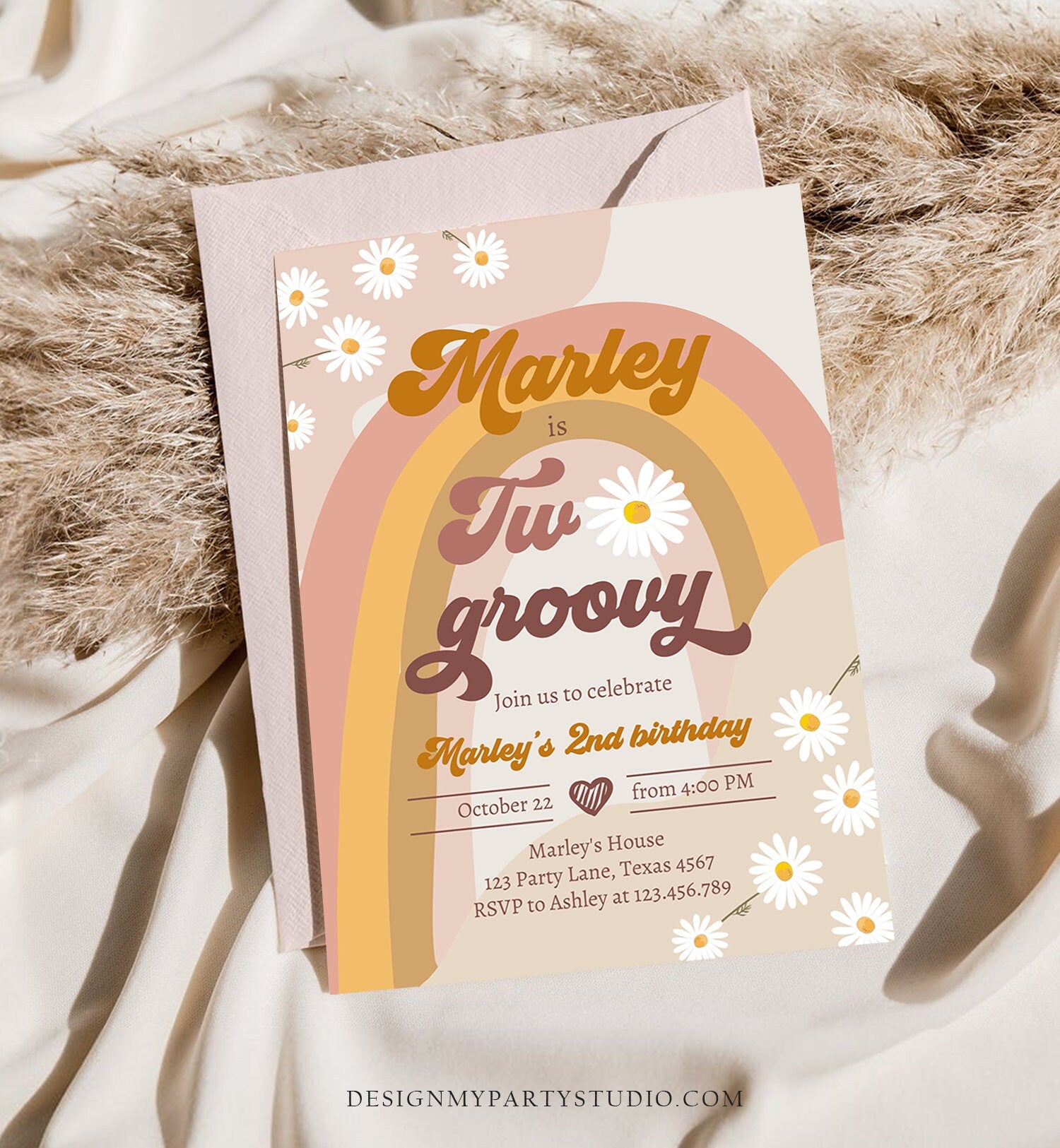 Editable Two Groovy Birthday Party Invitation 2nd Birthday Boho Retro Flower Power 70's Daisy Digital Download Evite Template Printable 0428