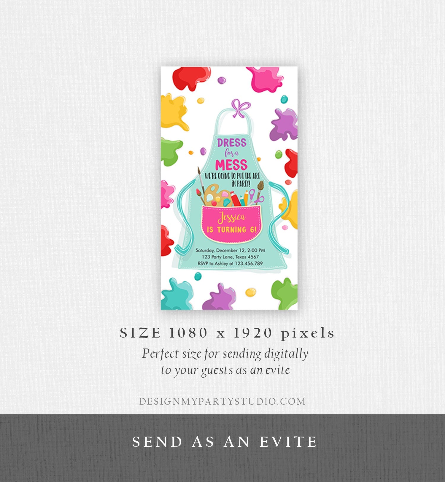Editable Painting Party Evite Art Party Birthday Invitation Girl Paint Craft Party Phone Electronic Digital Download Evite Template 0319