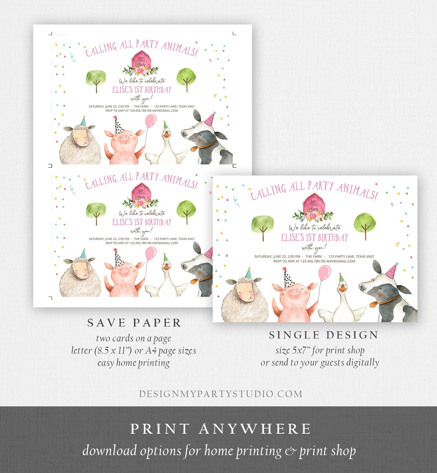 Editable Farm Animals Birthday Invitation Girl Farm Pink Barnyard Birthday Party Animals Digital Download Evite Template Printable 0155
