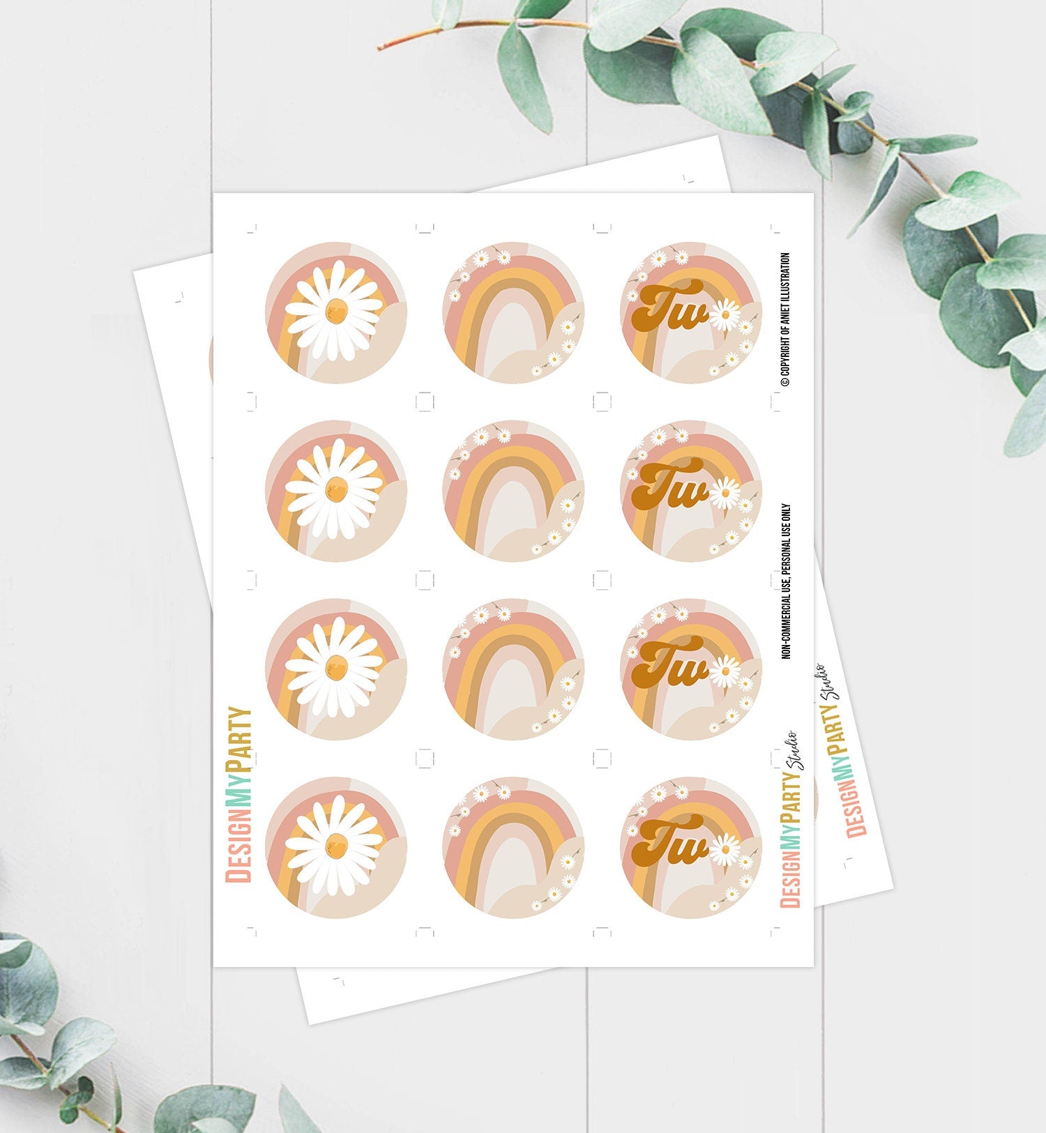 Two Groovy Birthday Cupcake Toppers Favor Tags Retro Daisy Birthday Party Decor 2nd Flower Power Festival Digital Download Printable 0428
