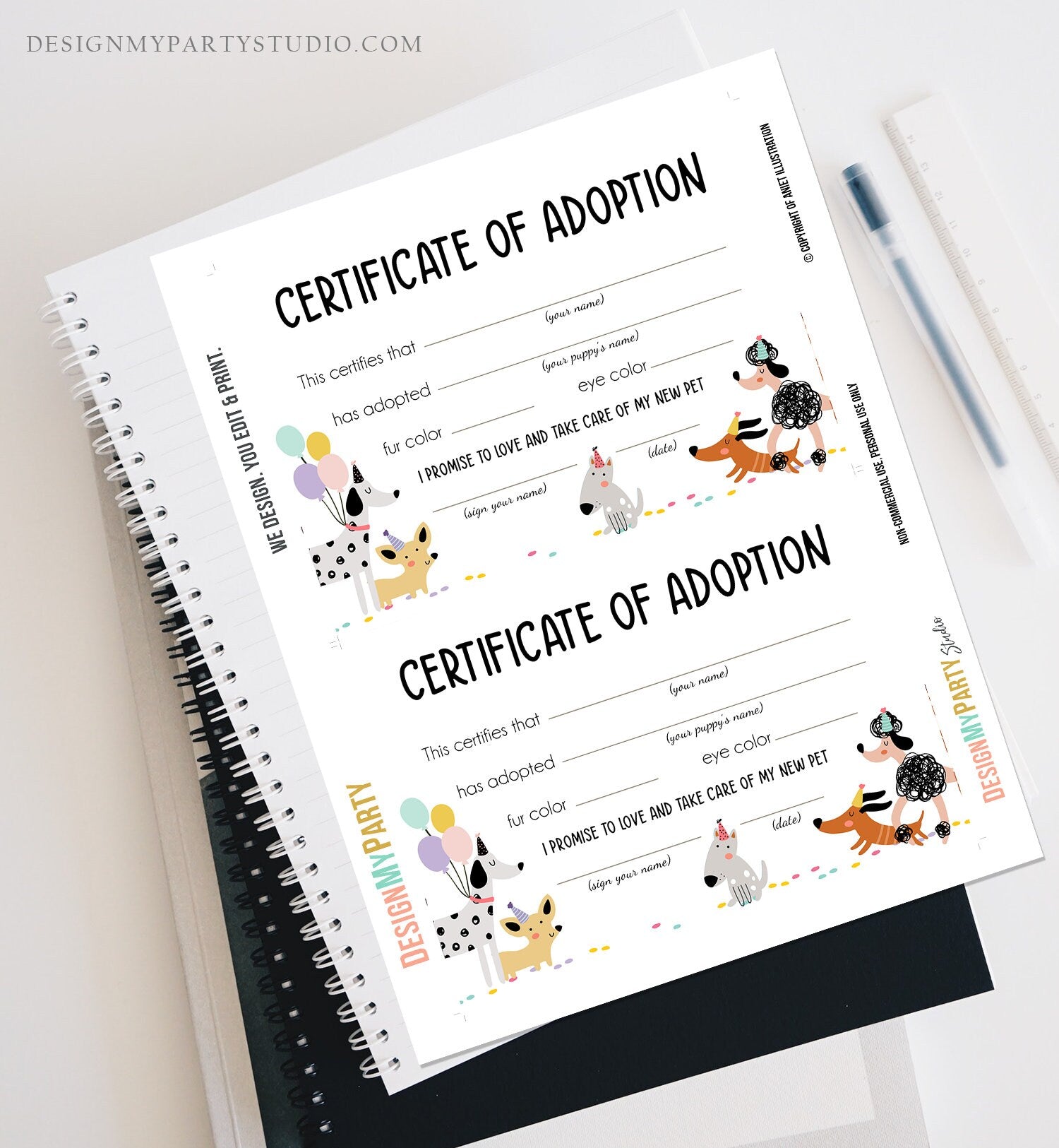 Pet Adoption Certificate Puppy Adoption Dog Birthday Party Adopt A Pet Girl Pink Vet Puppy Adoption Instant Download Digital PRINTABLE 0429