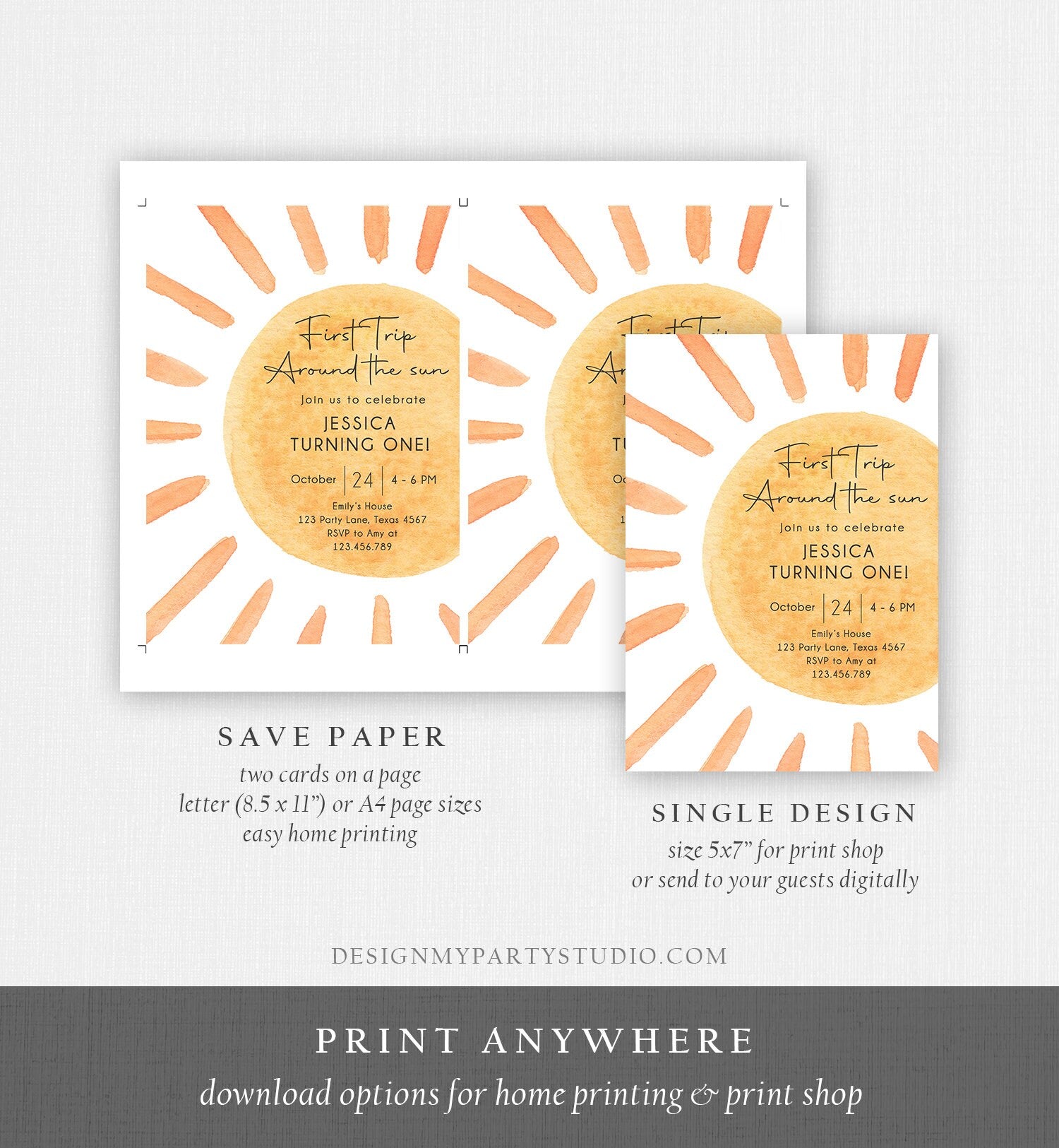 Editable First Trip Around The Sun Birthday Invitation 1st Birthday Sunshine Birthday Boho Digital Download Evite Template Printable 0431