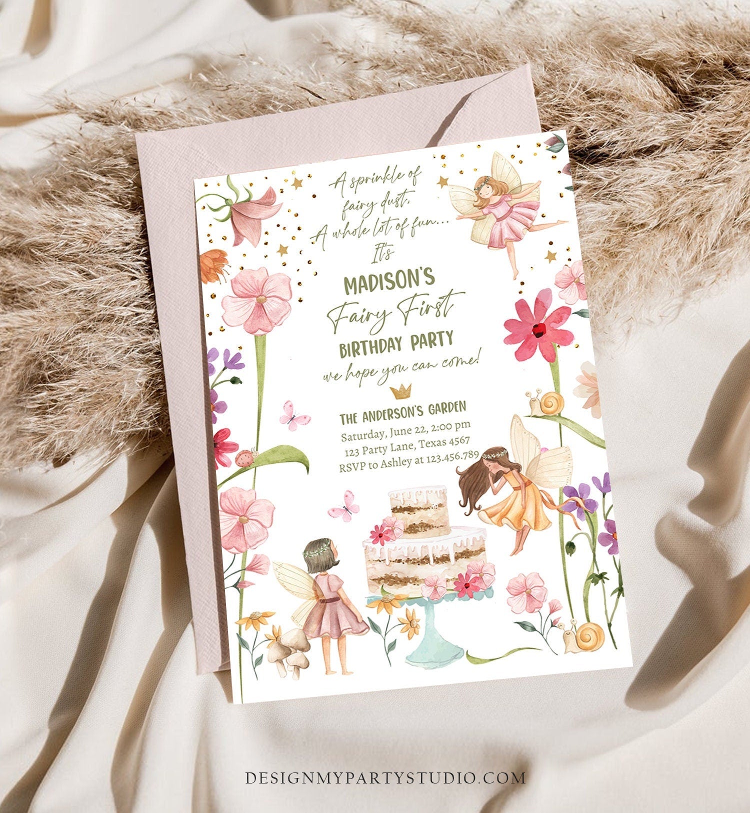 Editable Fairy First Birthday Invitation Fairy Garden Birthday Forest Girl 1st Birthday Magical Digital Download Template Printable 0406