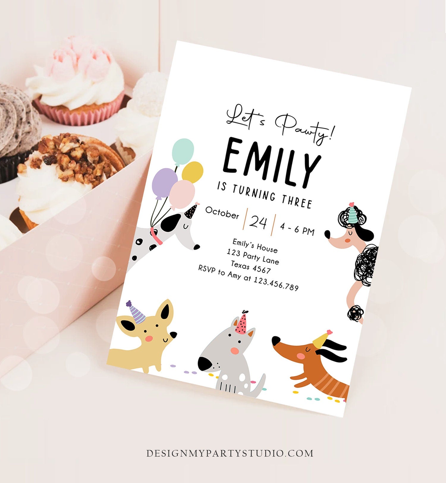 Editable Dog Birthday Party Invitation Puppy Birthday Invite Pink Girl Pawty Birthday Animal Pet Digital Download Template Printable 0429