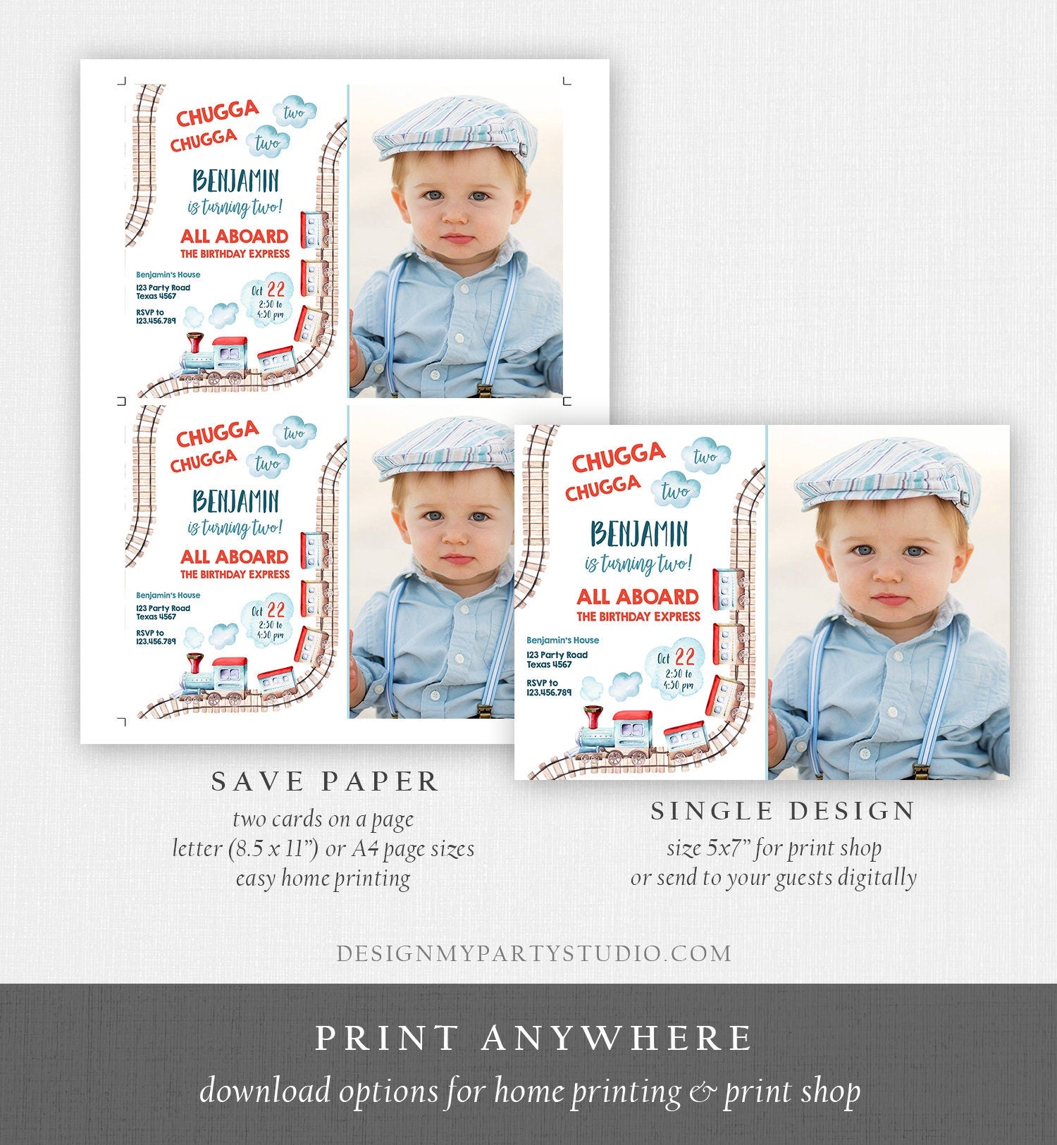 Editable Chugga Chugga Two Two Train Birthday Invitation Vintage Choo Choo Train Party Train 2nd Birthday Template Evite Printable 0149