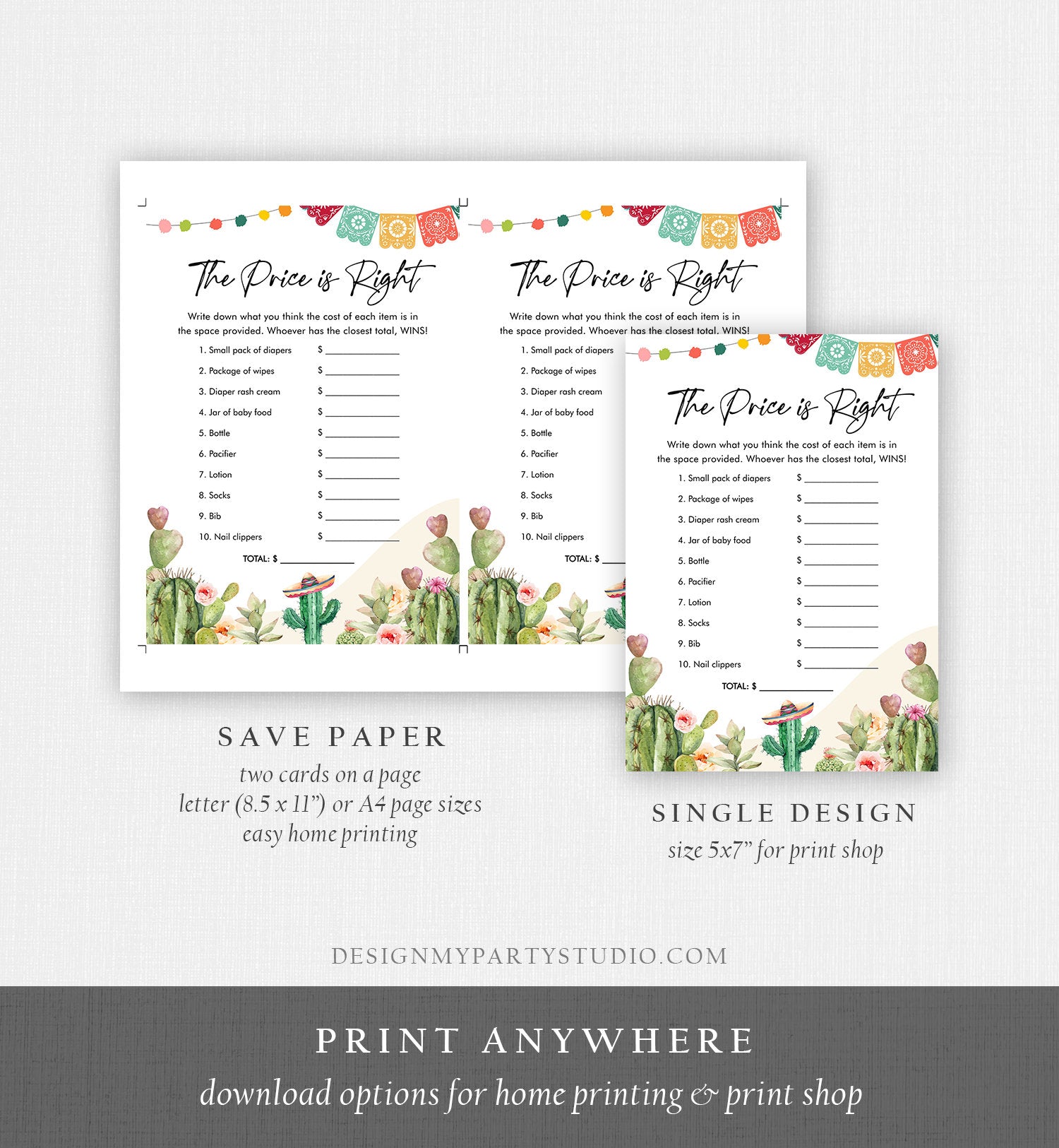 Editable The Price is Right Game Fiesta Baby Shower Cactus Mexican Shower Game Baby Coed Watercolor Download Corjl Template Printable 0404