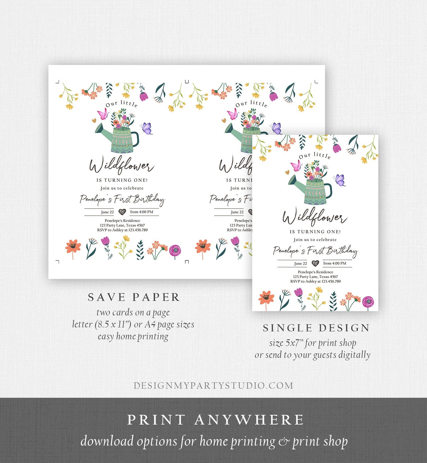 Editable Wildflower First Birthday Invitation 1st Birthday Girl Wild Flower Garden Party Boho Floral Download Evite Template Printable 0396