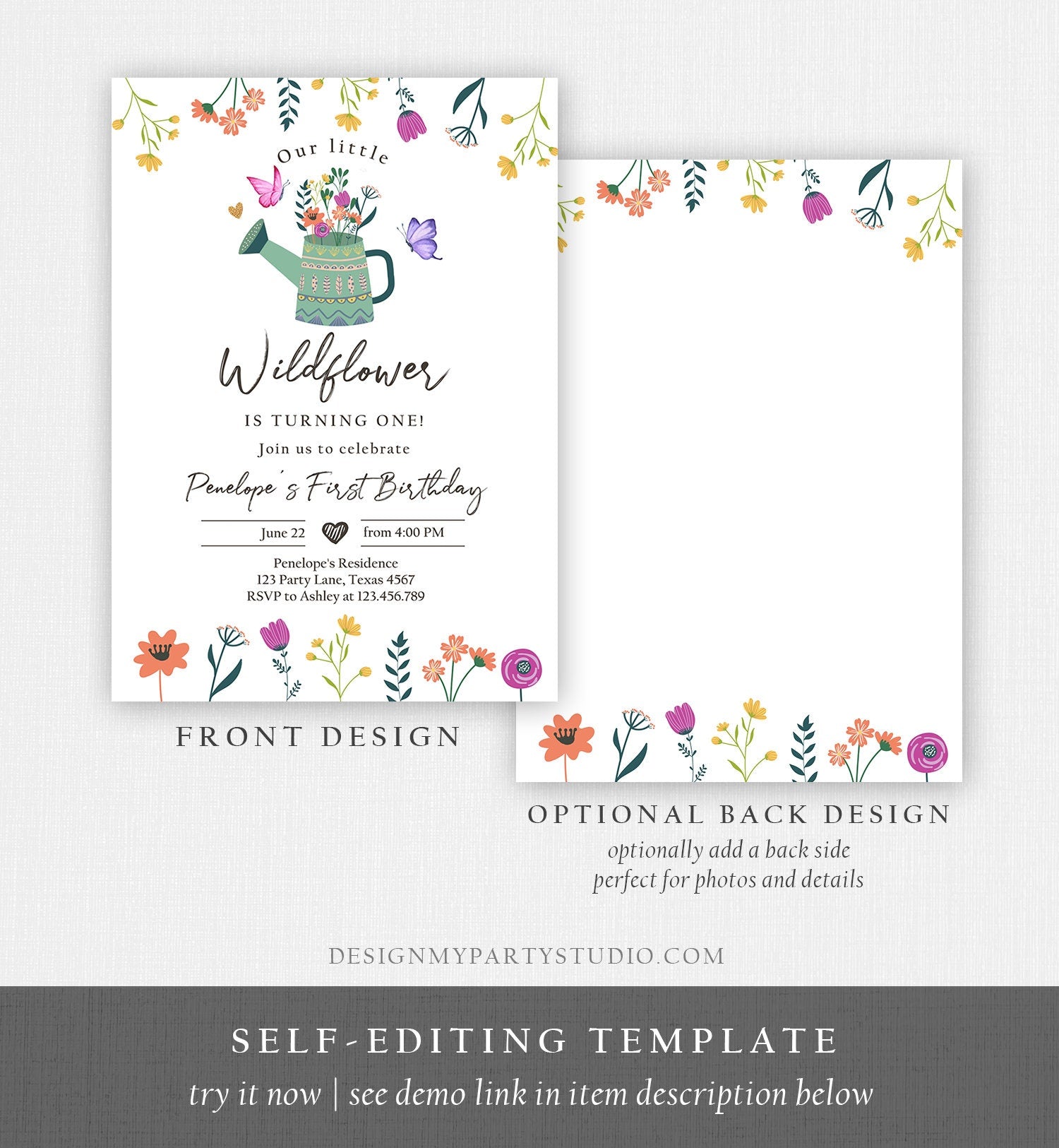 Editable Wildflower First Birthday Invitation 1st Birthday Girl Wild Flower Garden Party Boho Floral Download Evite Template Printable 0396