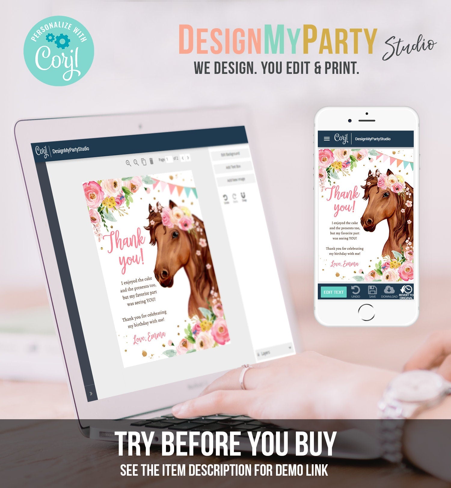 Editable Horse Thank You Card Note Girl Birthday Party Cowgirl Watercolor Pink Floral Saddle Up Download Printable Corjl Template 0408