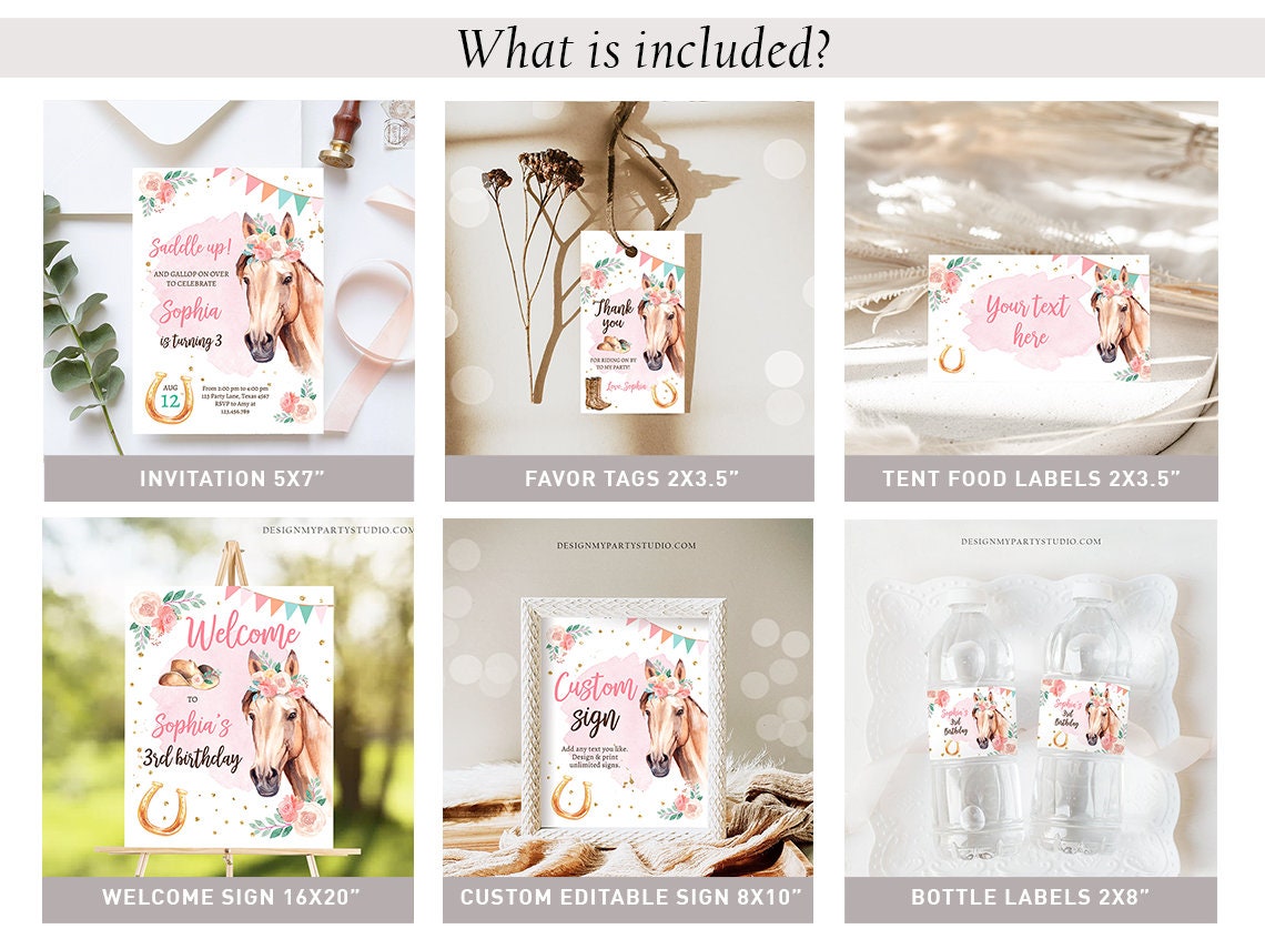 Horse Birthday Invitation Bundle Horse Party Invite Pony Birthday Saddle Up Floral Horse Girl 1st Birthday Printable Corjl Template 0398