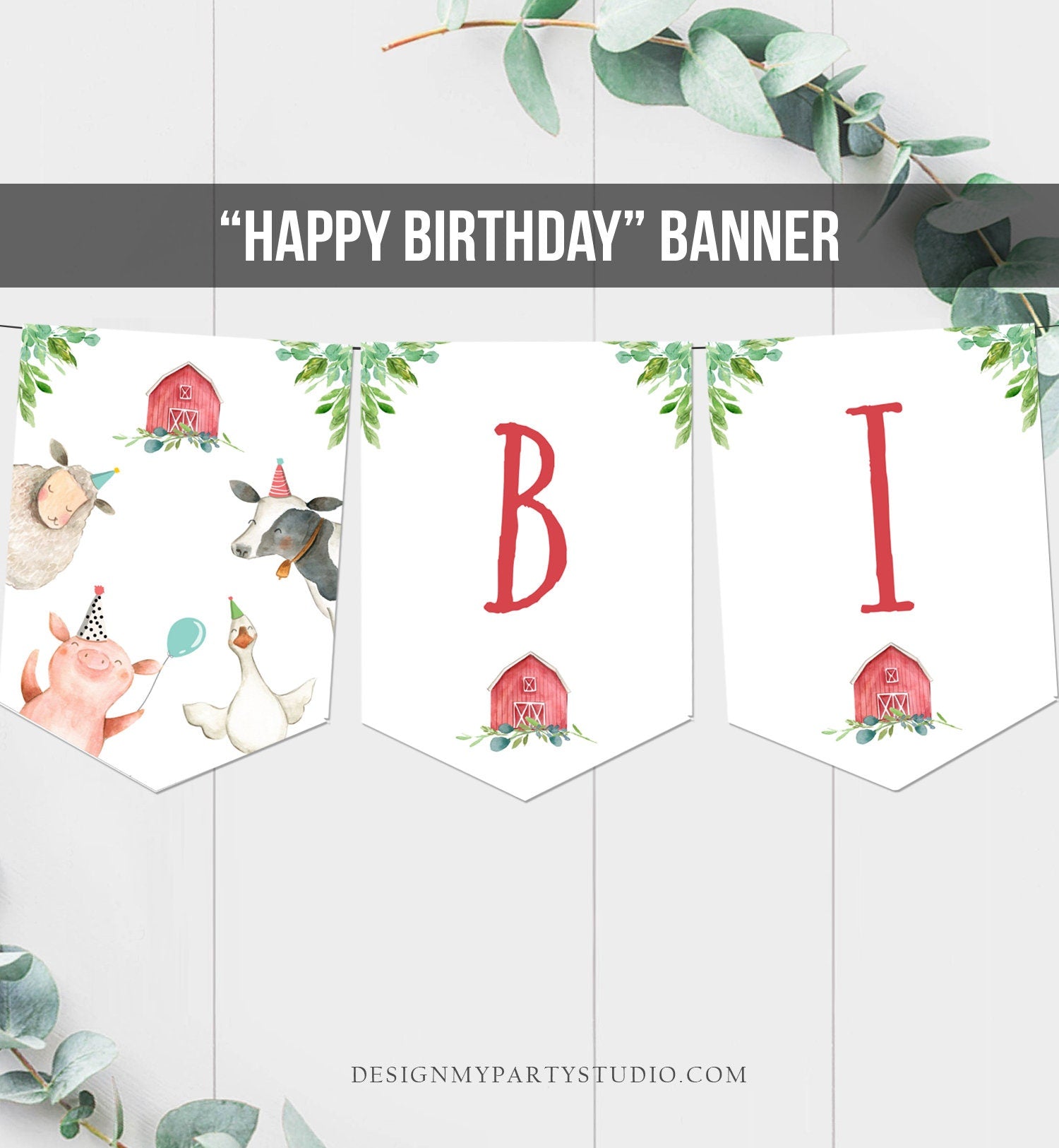 Happy Birthday Banner Farm Birthday Banner Farm Animals Boy Barnyard Birthday Decorations Red Instant download PRINTABLE DIGITAL DIY 0155