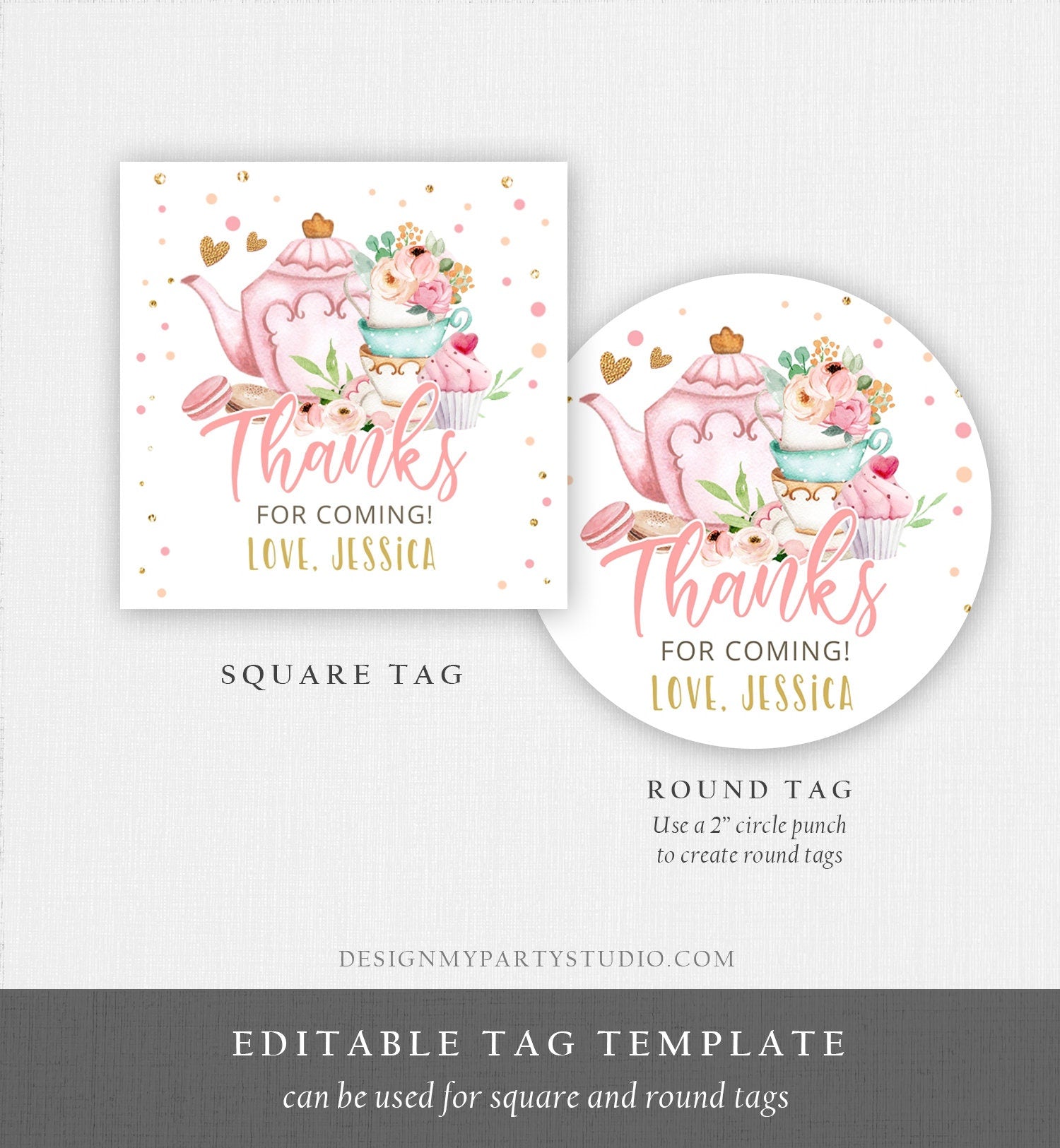 Editable Tea Party Favor Tag Sticker Baby Shower Baby is Brewing Floral Pink Gold Tea for Two Partea Par-tea Template Corjl Printable 0349