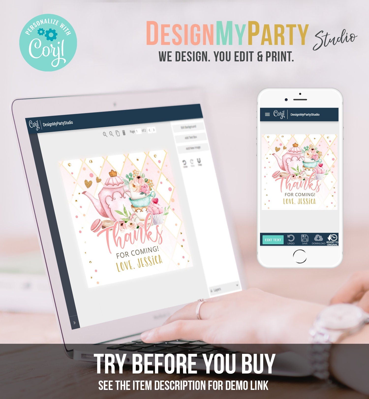 Editable Tea Party Favor Tag Sticker Baby Shower Baby is Brewing Floral Pink Gold Tea for Two Partea Par-tea Template Corjl Printable 0349
