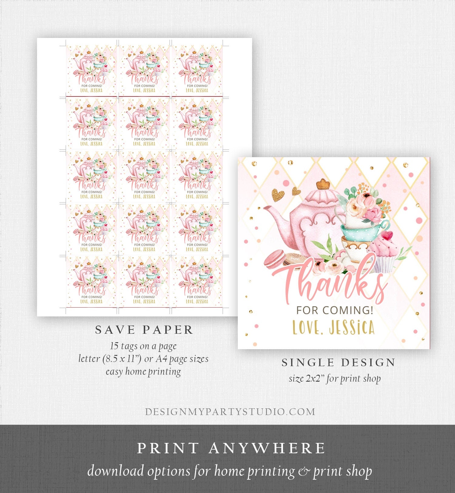 Editable Tea Party Favor Tag Sticker Baby Shower Baby is Brewing Floral Pink Gold Tea for Two Partea Par-tea Template Corjl Printable 0349