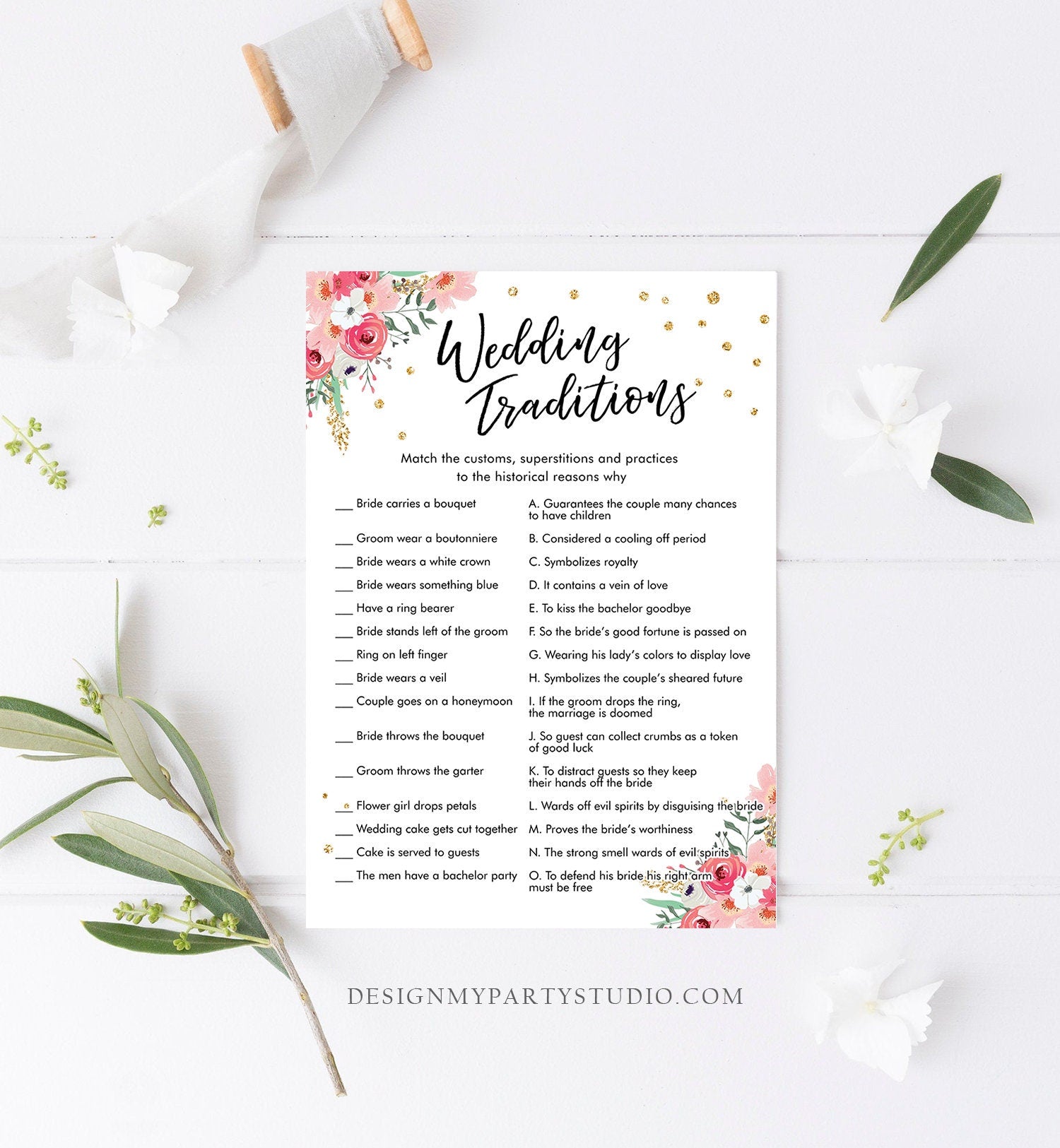 Editable Wedding Traditions Bridal Shower Game Travel Guessing Wedding Activity Game Adventure Floral Pink Digital Template Printable 0030