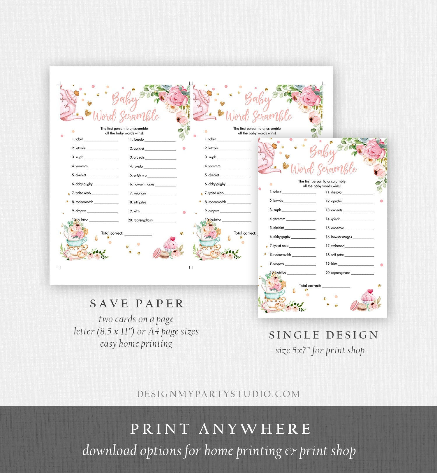 Editable Word Scramble Baby Shower Game Word Search Tea Party Baby is Brewing Game Pink Shower Activity Digital Template Printable 0349