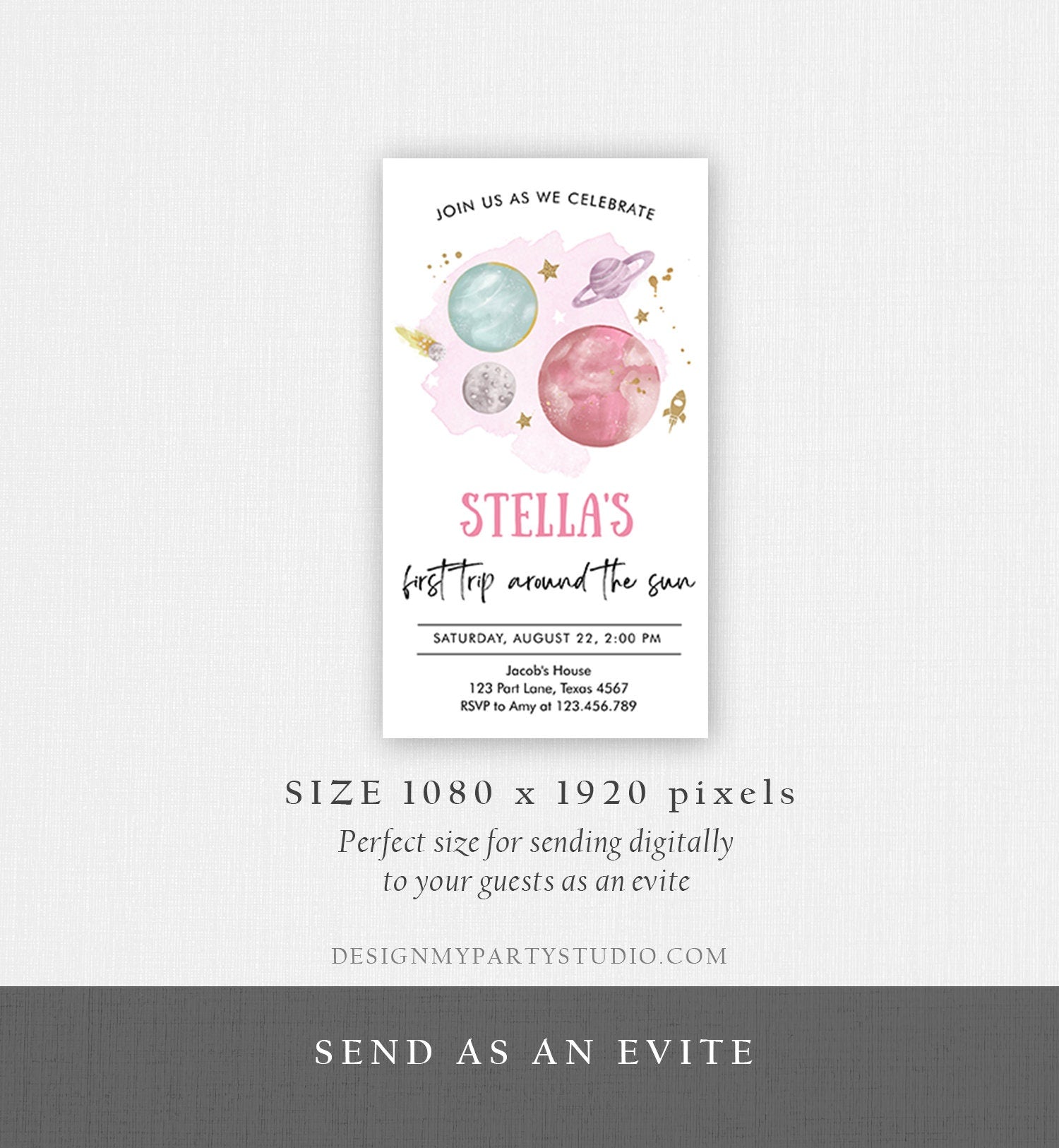 Editable Outer Space First Birthday Invitation Galaxy Blast Off First Trip Around the Sun Phone Digital Download Evite Template 0357