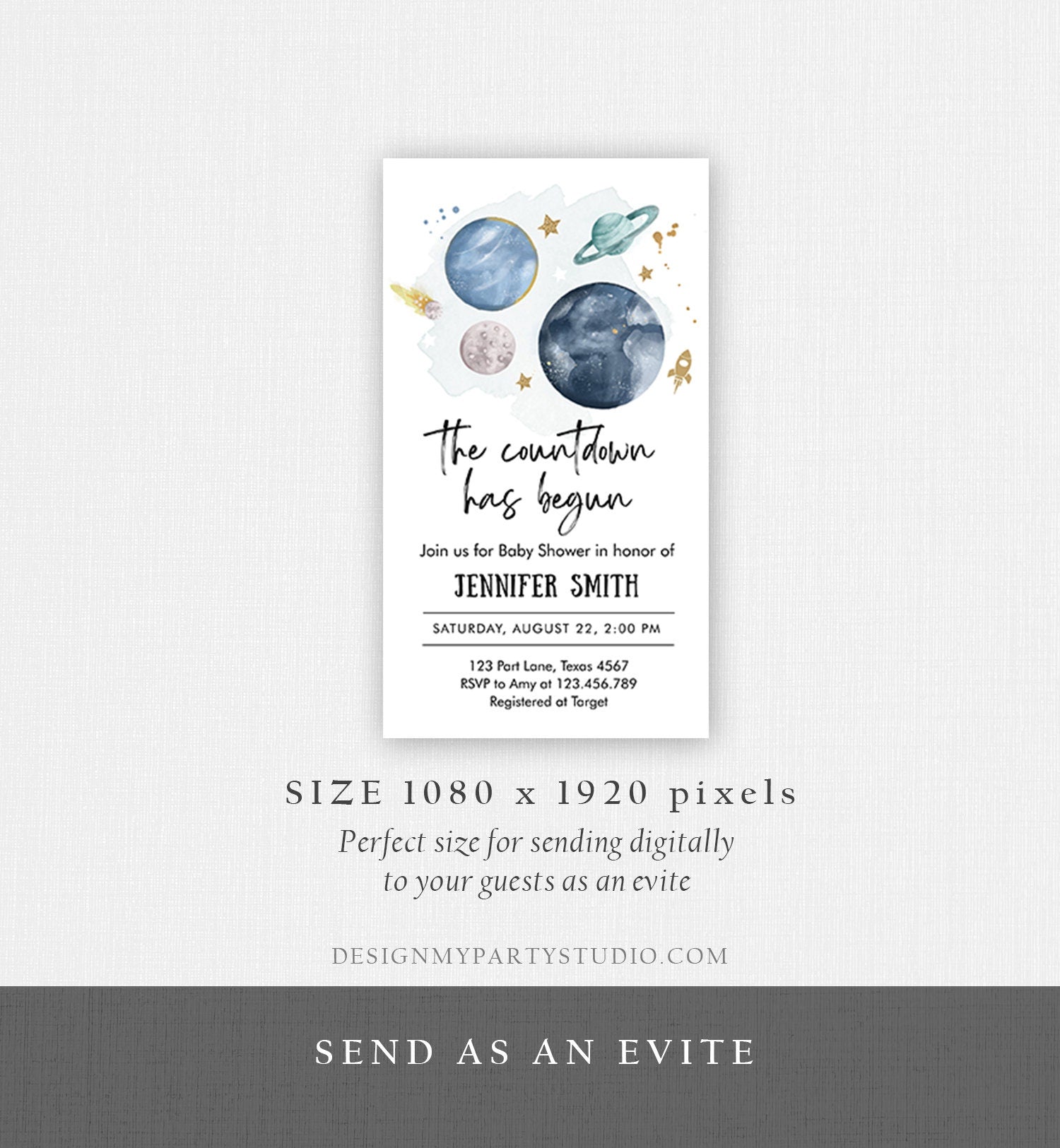 Editable Space Baby Shower Evite Galaxy Outer Space Planets Moon Watercolor Countdown Electronic Digital Download Phone Evite Template 0357