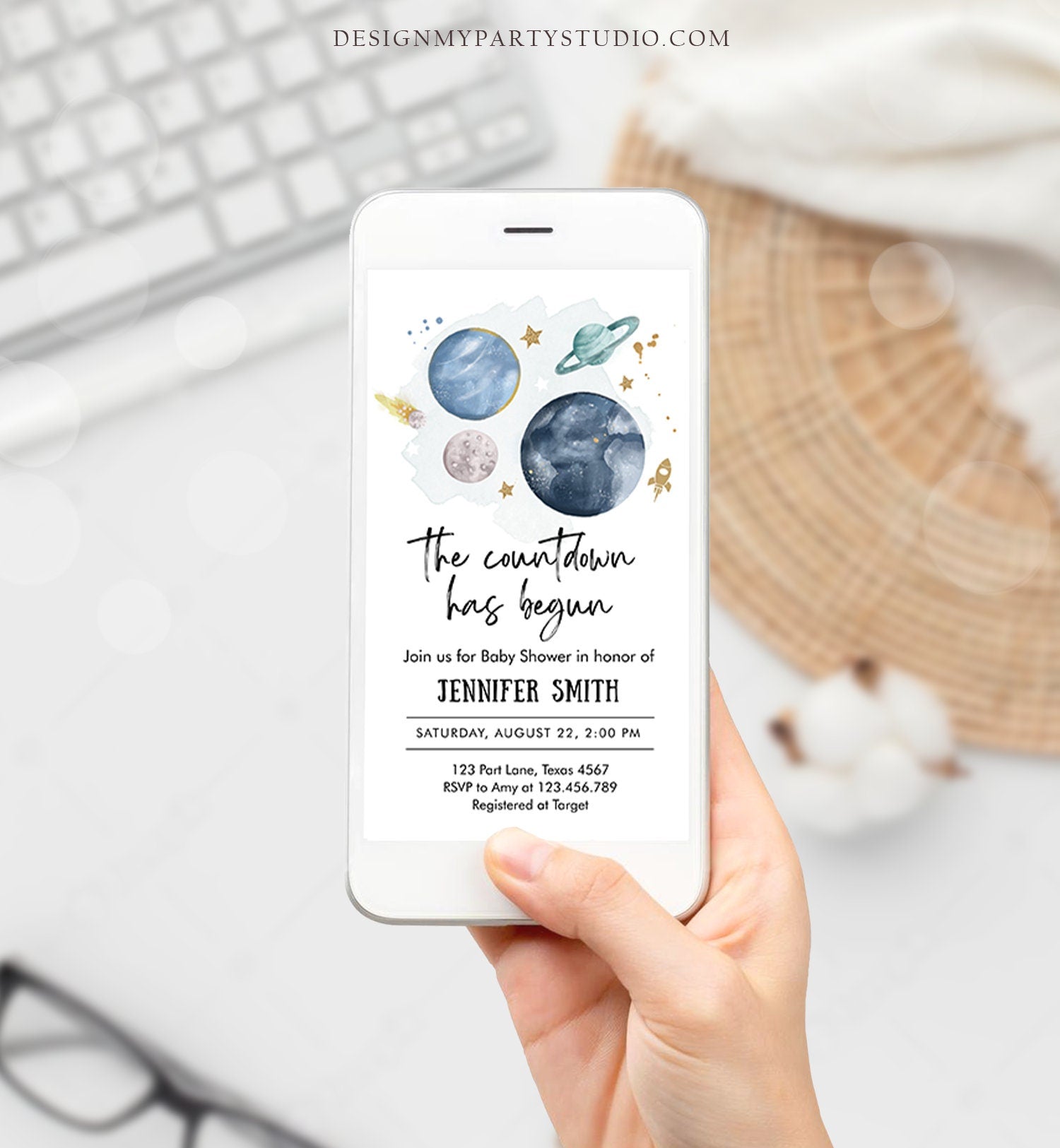 Editable Space Baby Shower Evite Galaxy Outer Space Planets Moon Watercolor Countdown Electronic Digital Download Phone Evite Template 0357