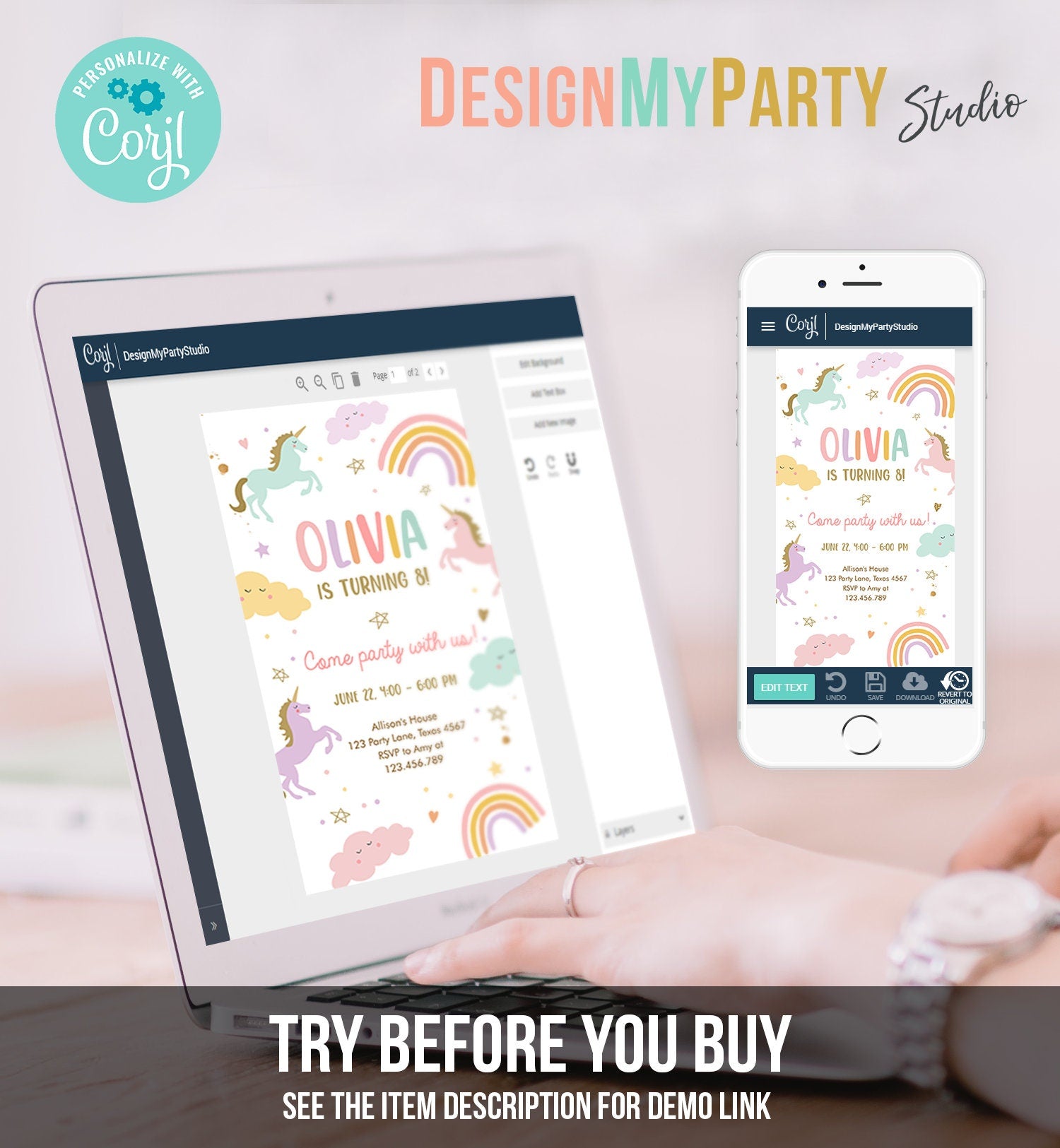 Editable Unicorn Birthday Evite Magical Party Invite Girl Pastel First Digital Unicorn Party Template Rainbow Phone Digital Electronic 0426