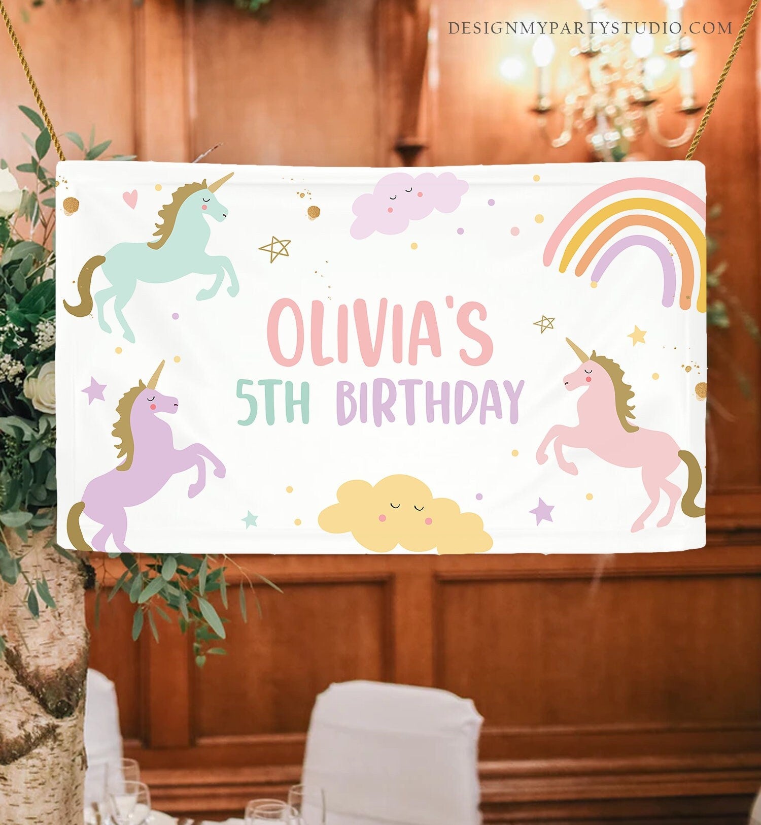 Editable Unicorn Backdrop Banner Pastel Unicorn Birthday Girl Magical Party Decor Rainbow Welcome Download Corjl Template Printable 0426