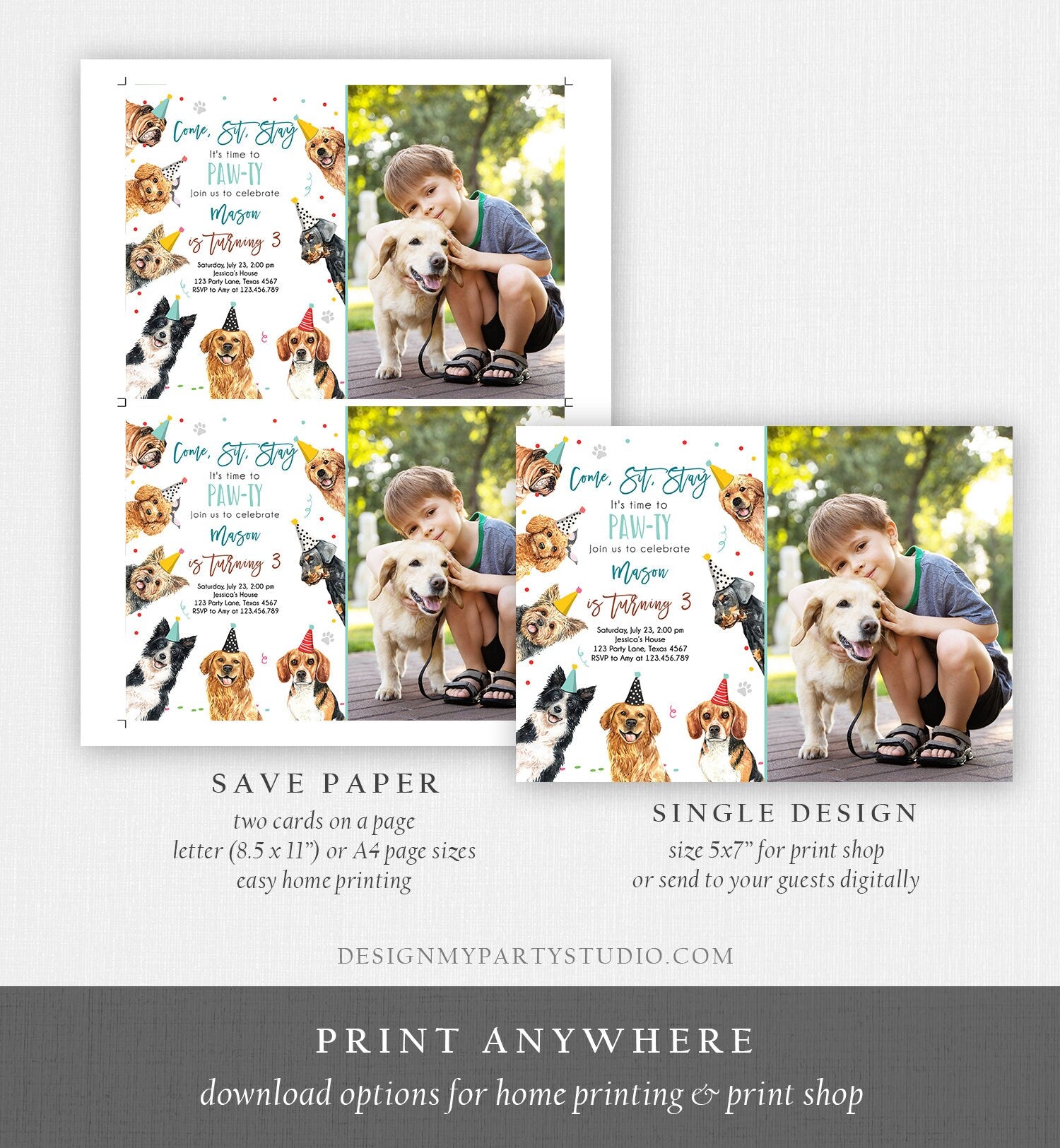 Editable Dog Birthday Party Invitation Puppy Birthday Invite Boys Blue Doggy Shelter Animal Pet Vet Digital Download Template Printable 0384
