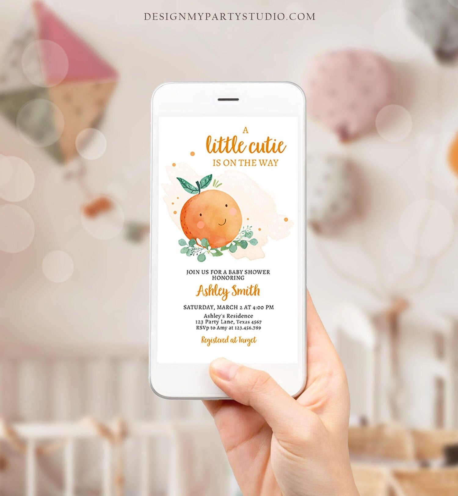 Editable Little Cutie Baby Shower Evite Little Cutie On The Way Clementine Orange Unisex Digital Download Electronic Invite Template 0430