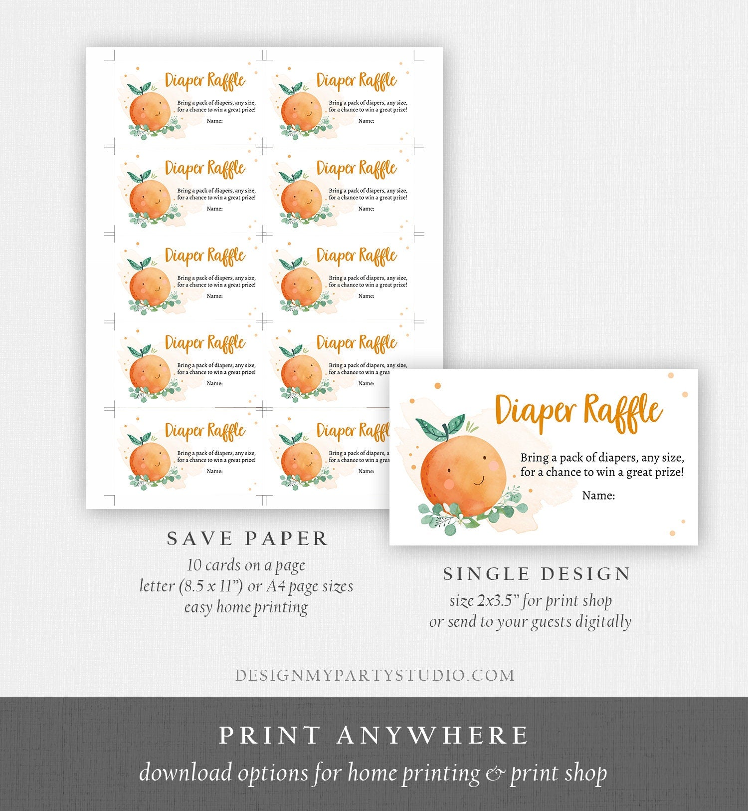 Editable Little Cutie Diaper Raffle Ticket Little Cutie Baby Shower Clementine Gender Neutral Orange Rustic Digital Template Printable 0430