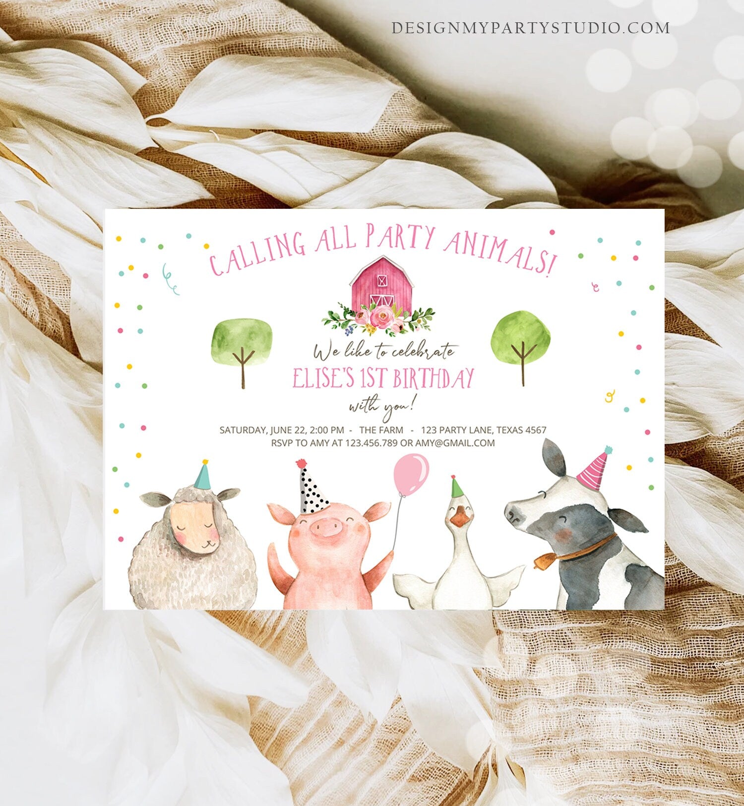 Editable Farm Animals Birthday Invitation Girl Farm Pink Barnyard Birthday Party Animals Digital Download Evite Template Printable 0155