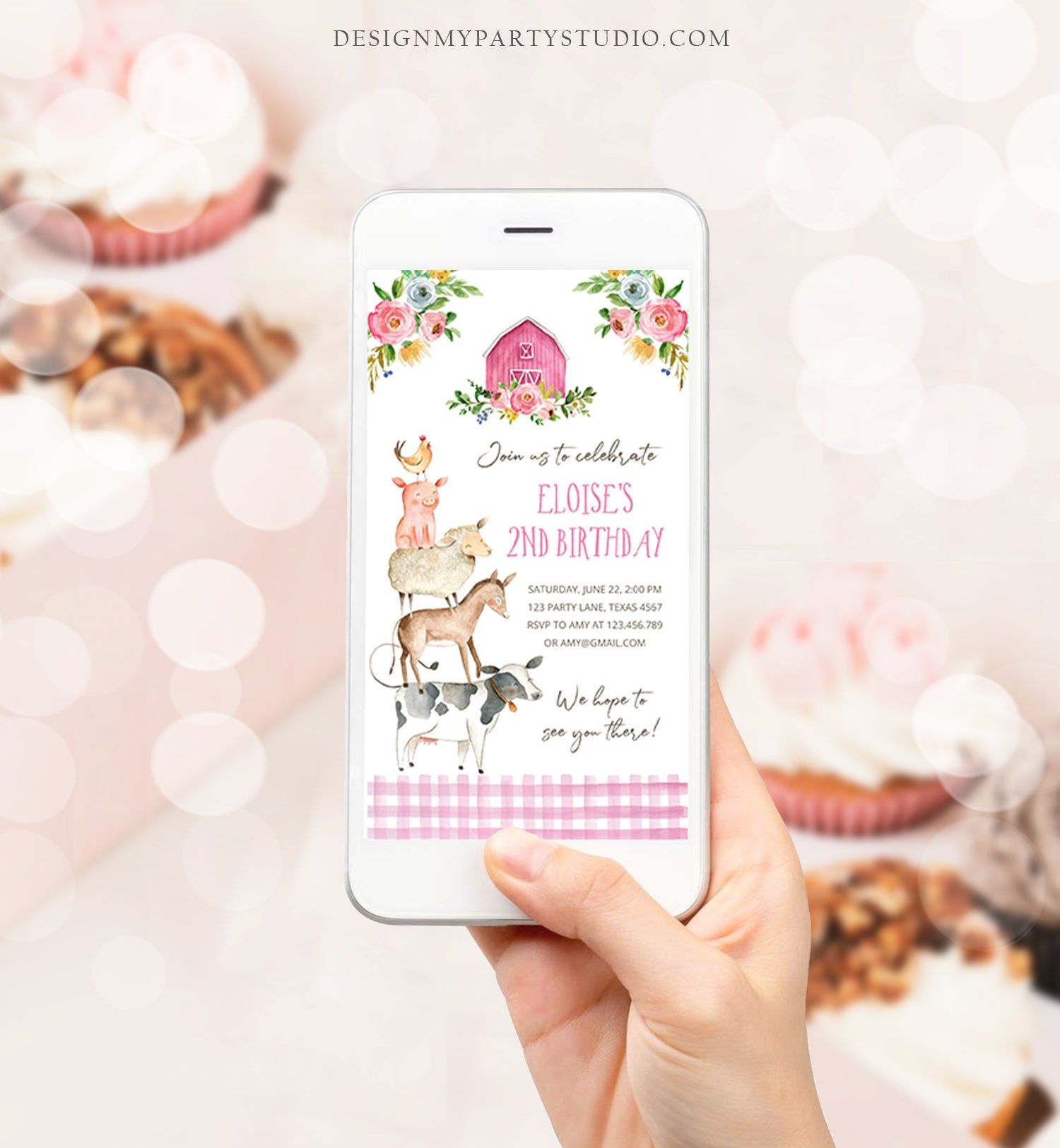 Editable Farm Birthday Evite Girl Farm Animals Pink Floral Barnyard Party Invitation Download Phone Invitation Template Digital Corjl 0155