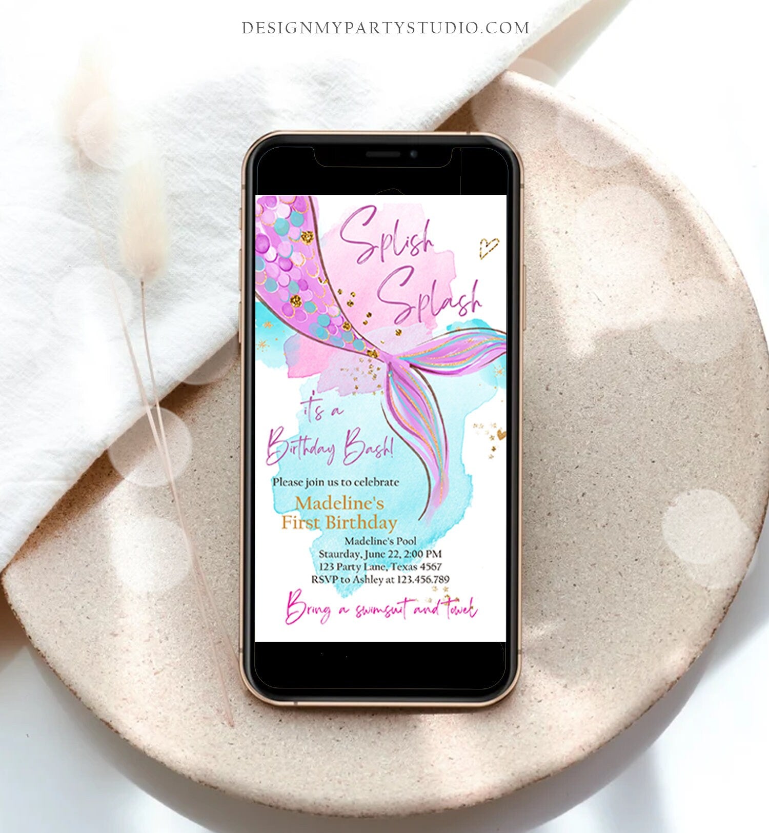 Editable Mermaid Birthday Party Evite Electronic Girl Pink Purple Gold Mermaid Birthday Under The Sea Download Phone Template Corjl 0403