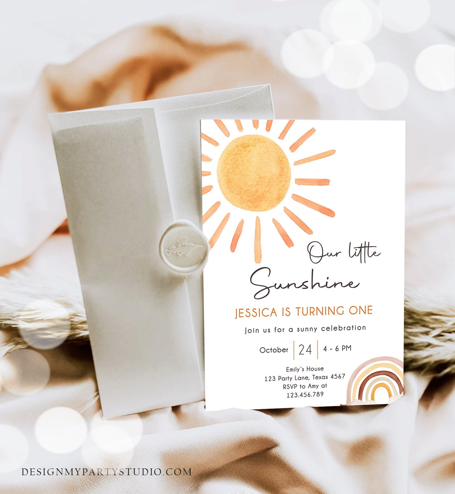 Editable Our Little Sunshine Birthday Invitation 1st Sunshine Birthday Party Neutral Boho Download Printable Template Digital Evite 0431