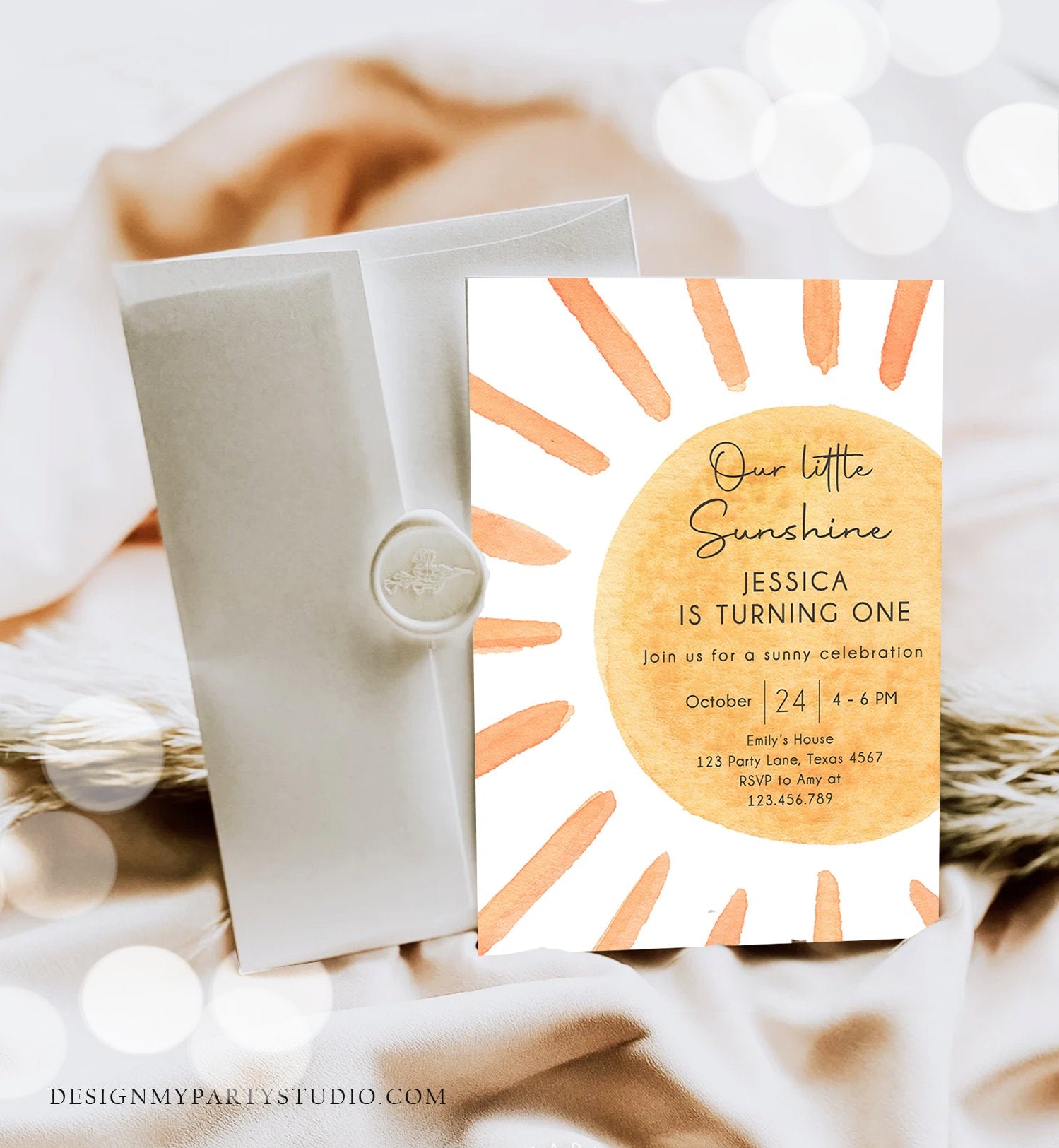 Editable Our Little Sunshine Birthday Invitation 1st Summer Sunshine Party Neutral Boho Digital Download Evite Template Printable 0431