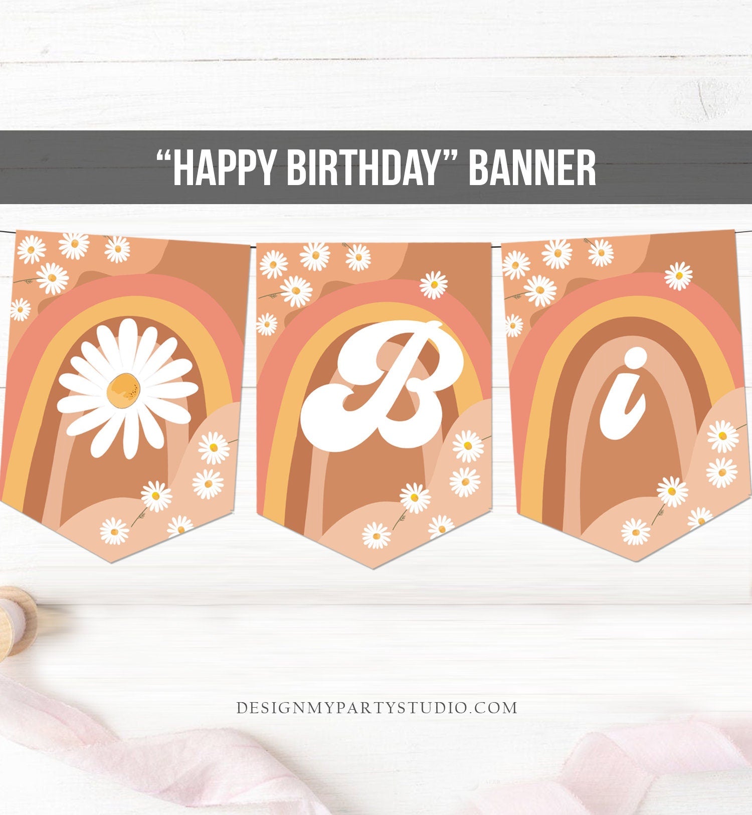 Happy Birthday Banner Daisy Birthday Banner Girl Groovy Birthday Party Decor Boho Retro Floral 70's Hippie Download Printable Digital 0428