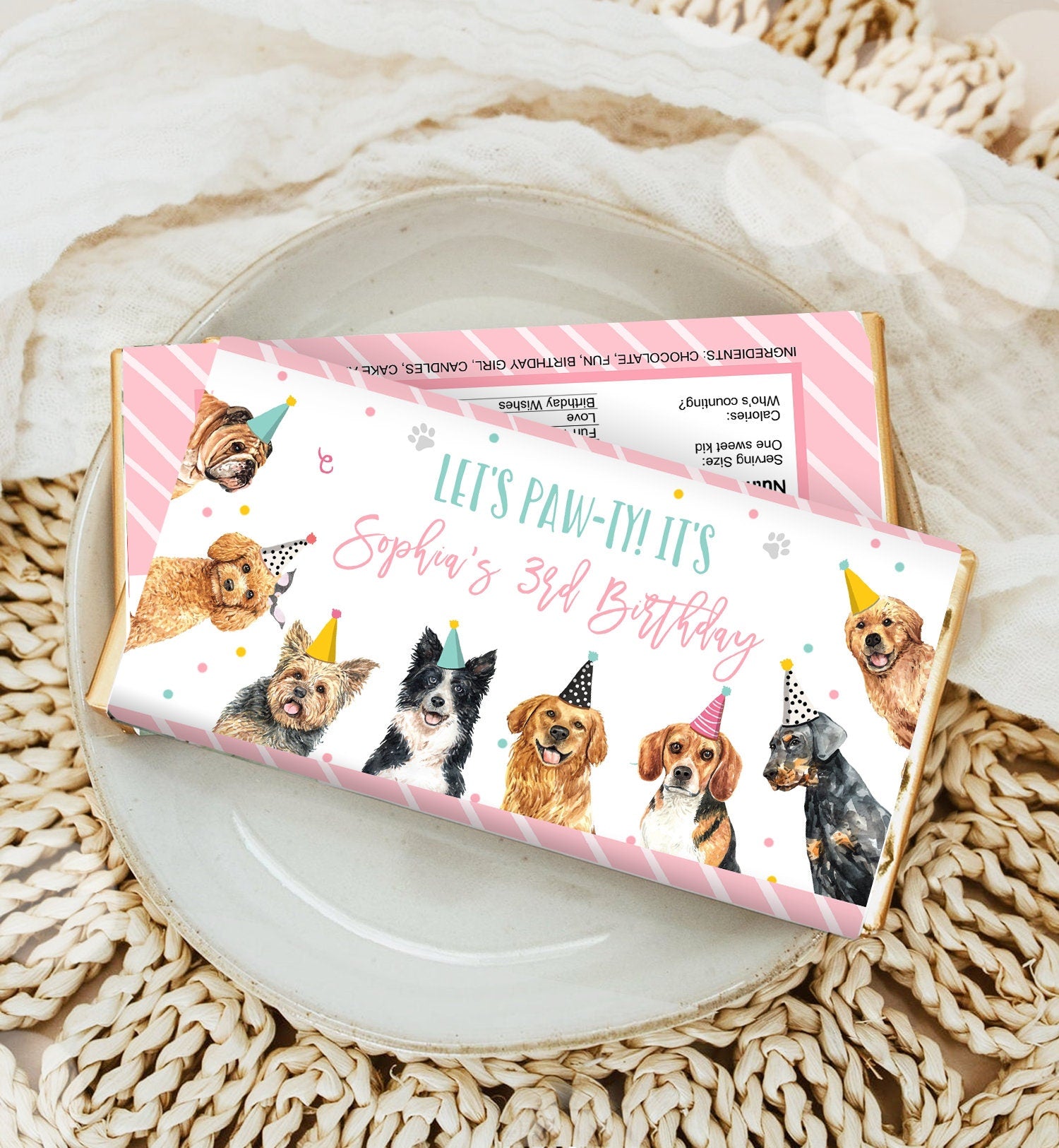 Editable Dog Candy Bar Wrapper Dog Birthday Party Chocolate Bar Label Puppy Girl Puppy Party Pawty Download Corjl Template Printable 0384