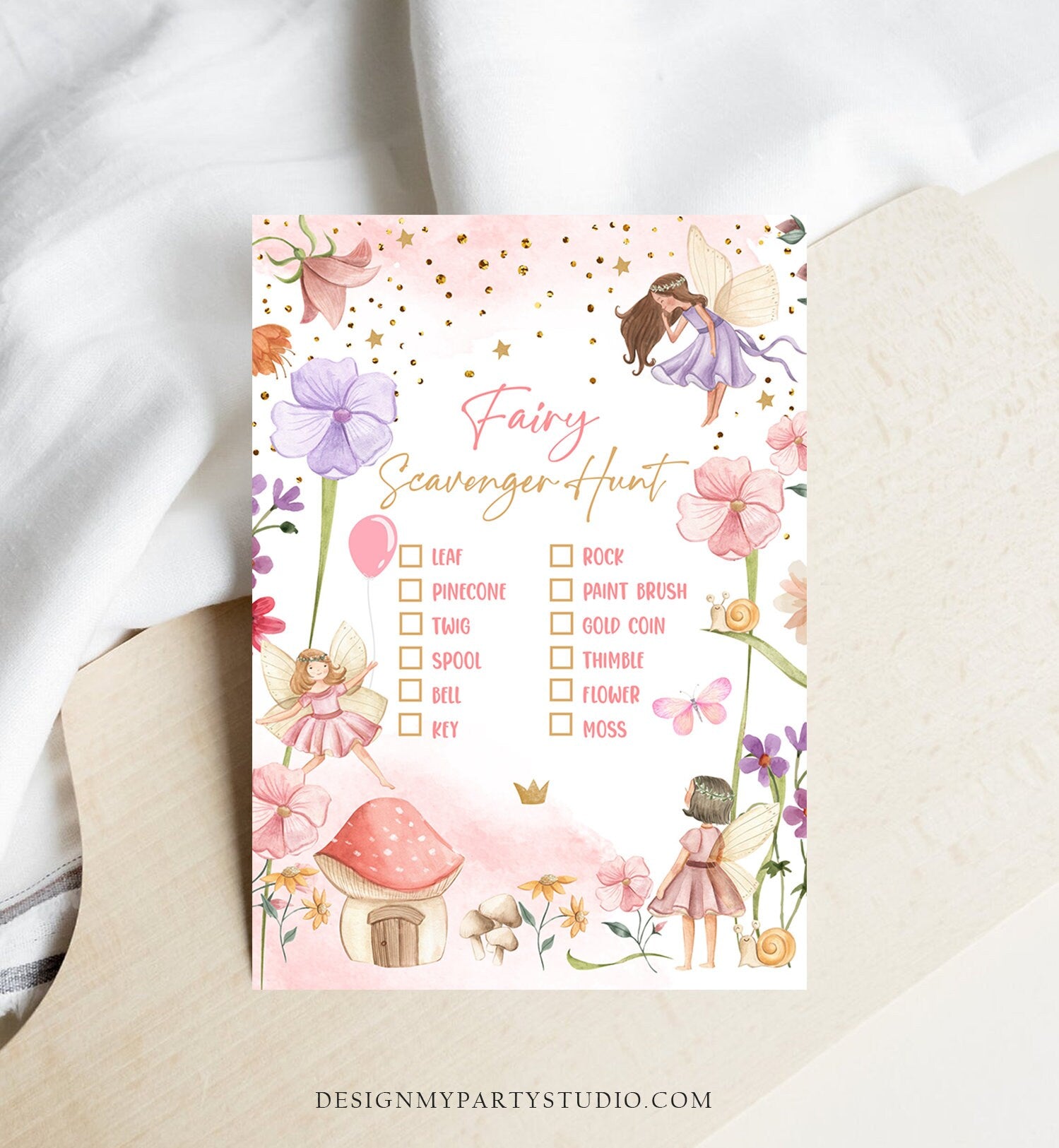 Editable Scavenger Hunt Checklist Game Party Fairy Birthday Activity Whimsical Enchanted Forest Tea Garden Girl Download Corjl Template 0406