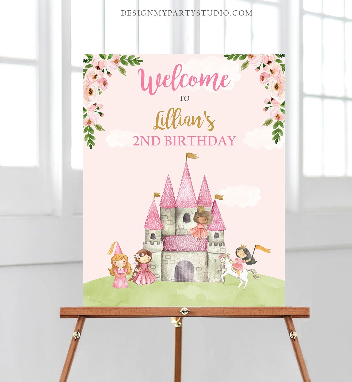 Editable Princess Birthday Welcome Sign Girl Royal Castle Birthday Sign Pink Princesses Watercolor Digital Download Template Printable 0171
