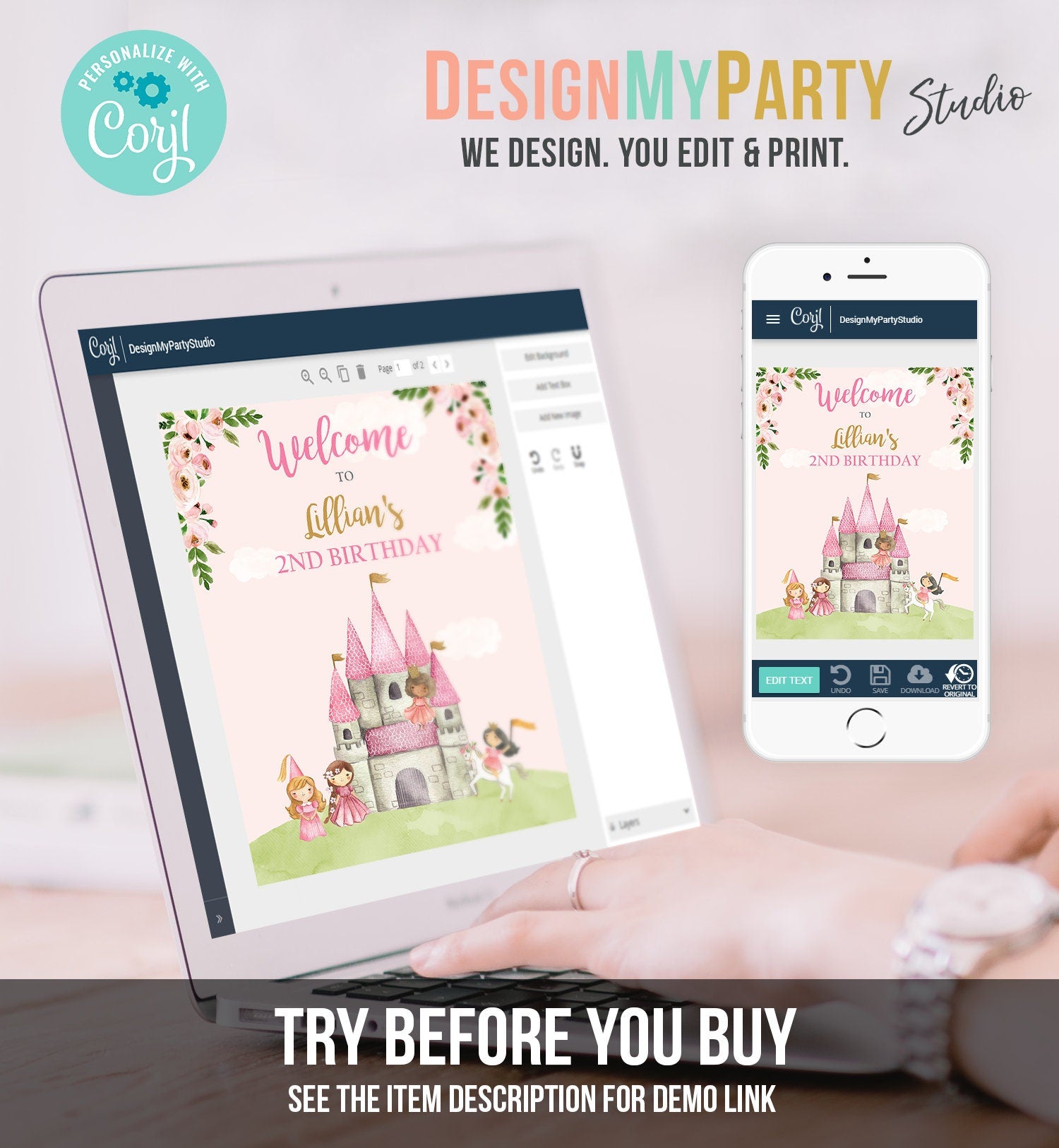 Editable Princess Birthday Welcome Sign Girl Royal Castle Birthday Sign Pink Princesses Watercolor Digital Download Template Printable 0171