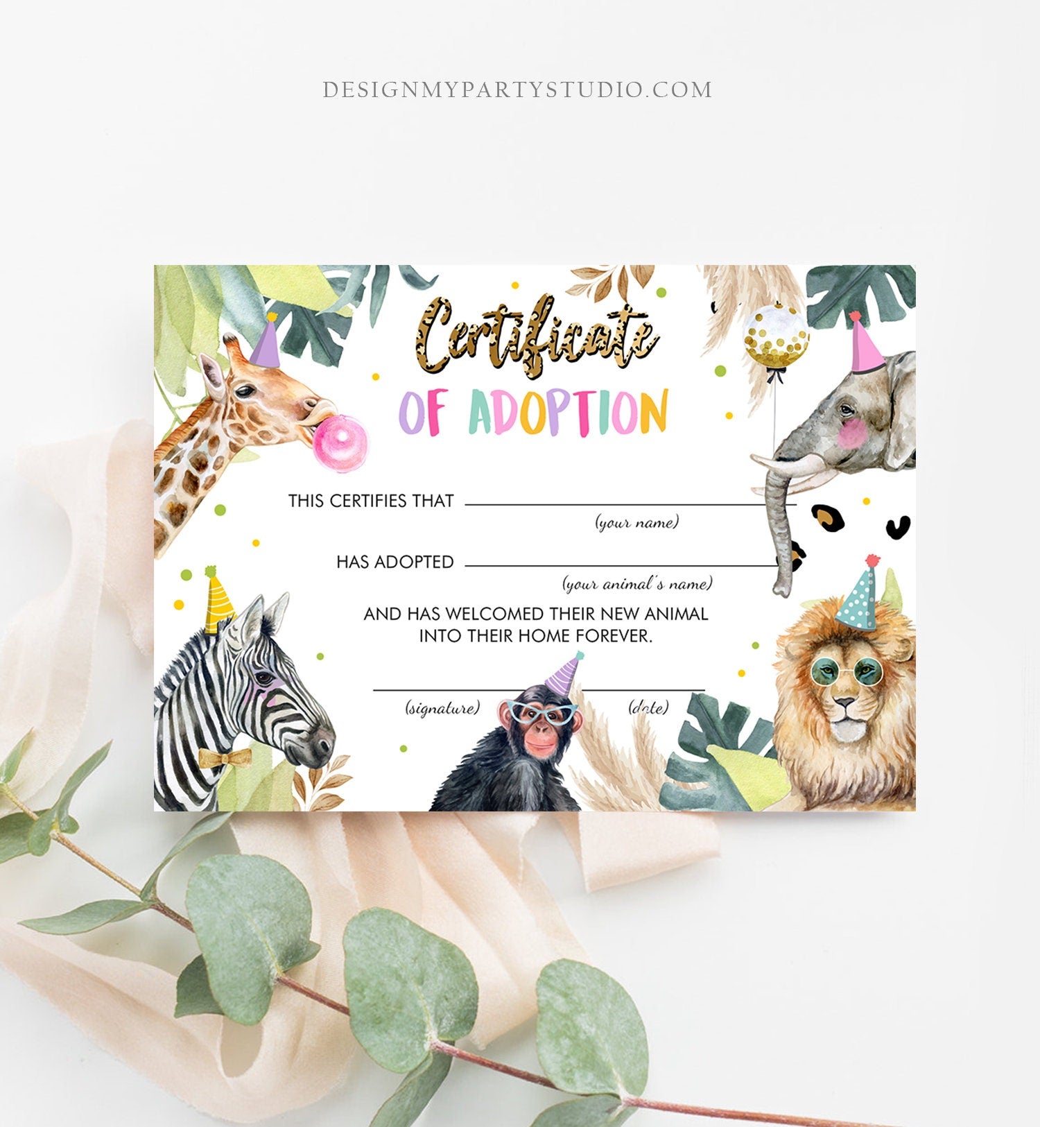 Adopt an Animal Adoption Certificate Safari Animals Adoption Wild One Birthday Party Animals Birthday Girl Download Digital PRINTABLE 0417