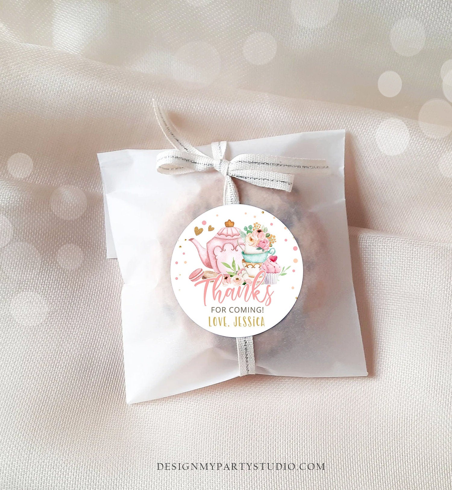 Editable Tea Party Favor Tag Sticker Baby Shower Baby is Brewing Floral Pink Gold Tea for Two Partea Par-tea Template Corjl Printable 0349