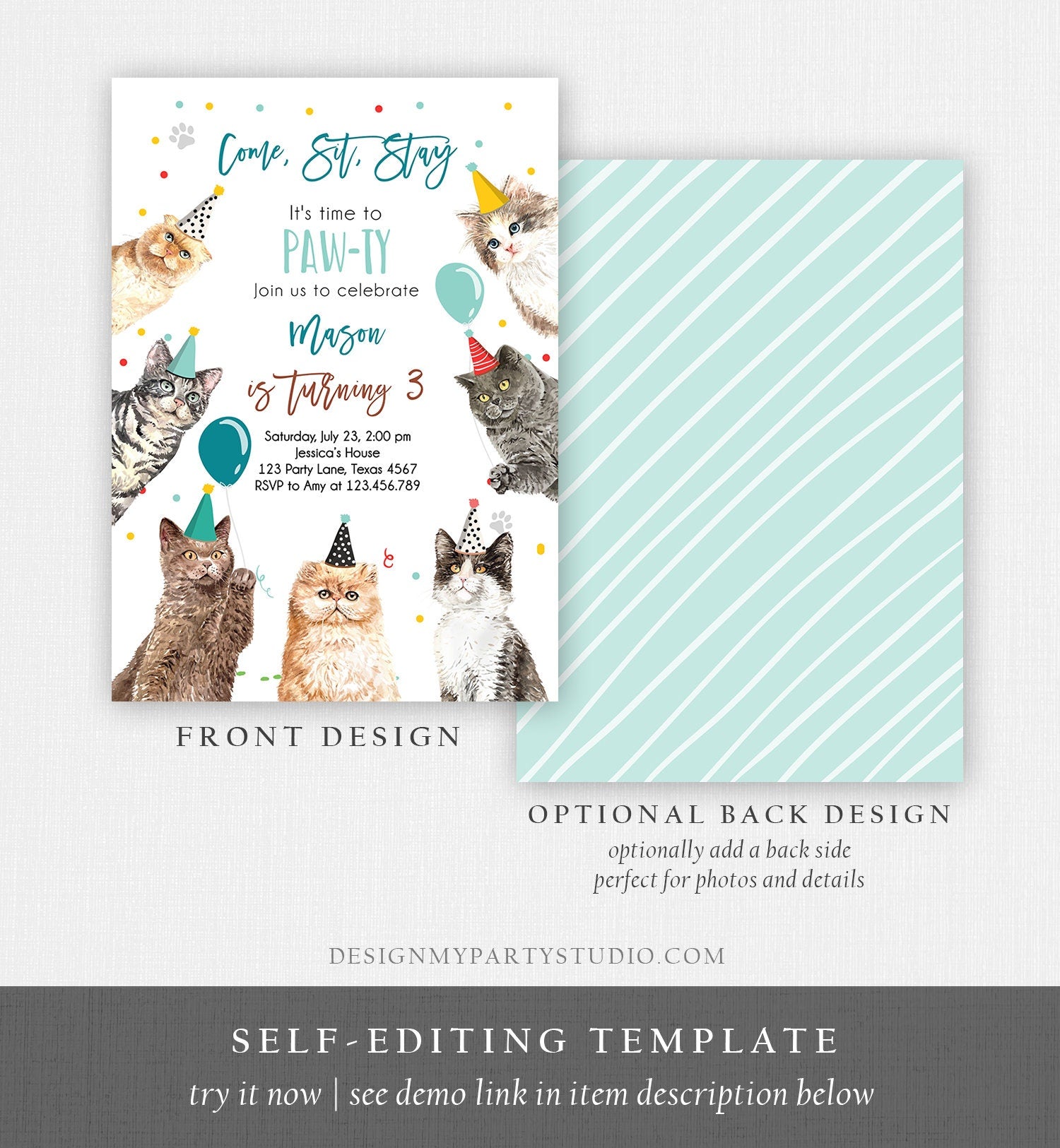Editable Cat Birthday Party Invitation Kitten Birthday Invite Blue Boy Kitty Cat Pet Cute Digital Download Evite Template Printable 0384